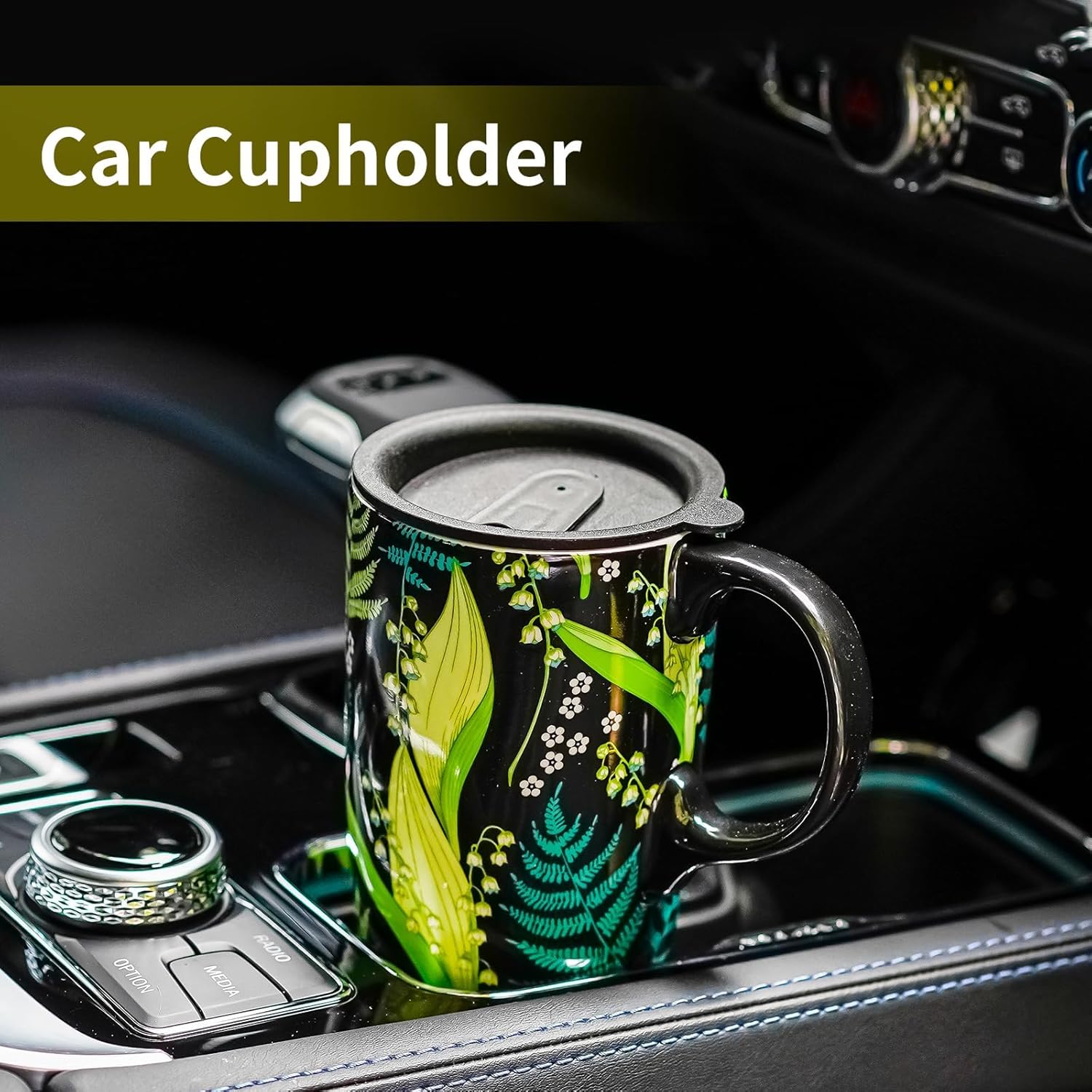 Ceramic Mug Travel Coffee Cup with Lid for Home & Office, 17oz Porcelain Tall Tea Cup with Handle, Green Leaves Art Pattern in Color Box, 6.5" H - Image 3