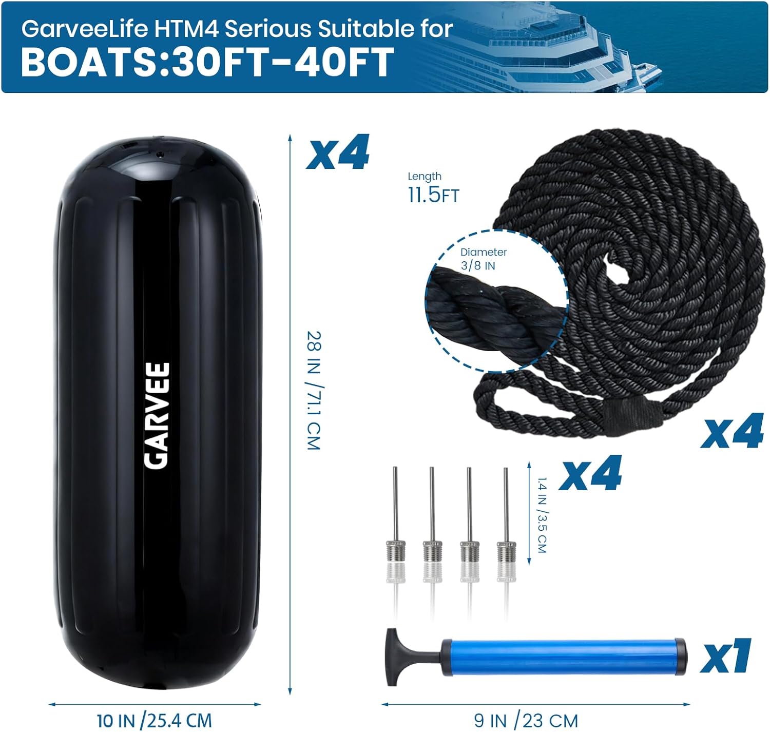 Garvee Boat Fenders 4 Pack 10 x 28 Inches Boat Bumpers for Docking, Ribbed Center Hole, Comes with Ropes and Pump to Inflate - Image 9