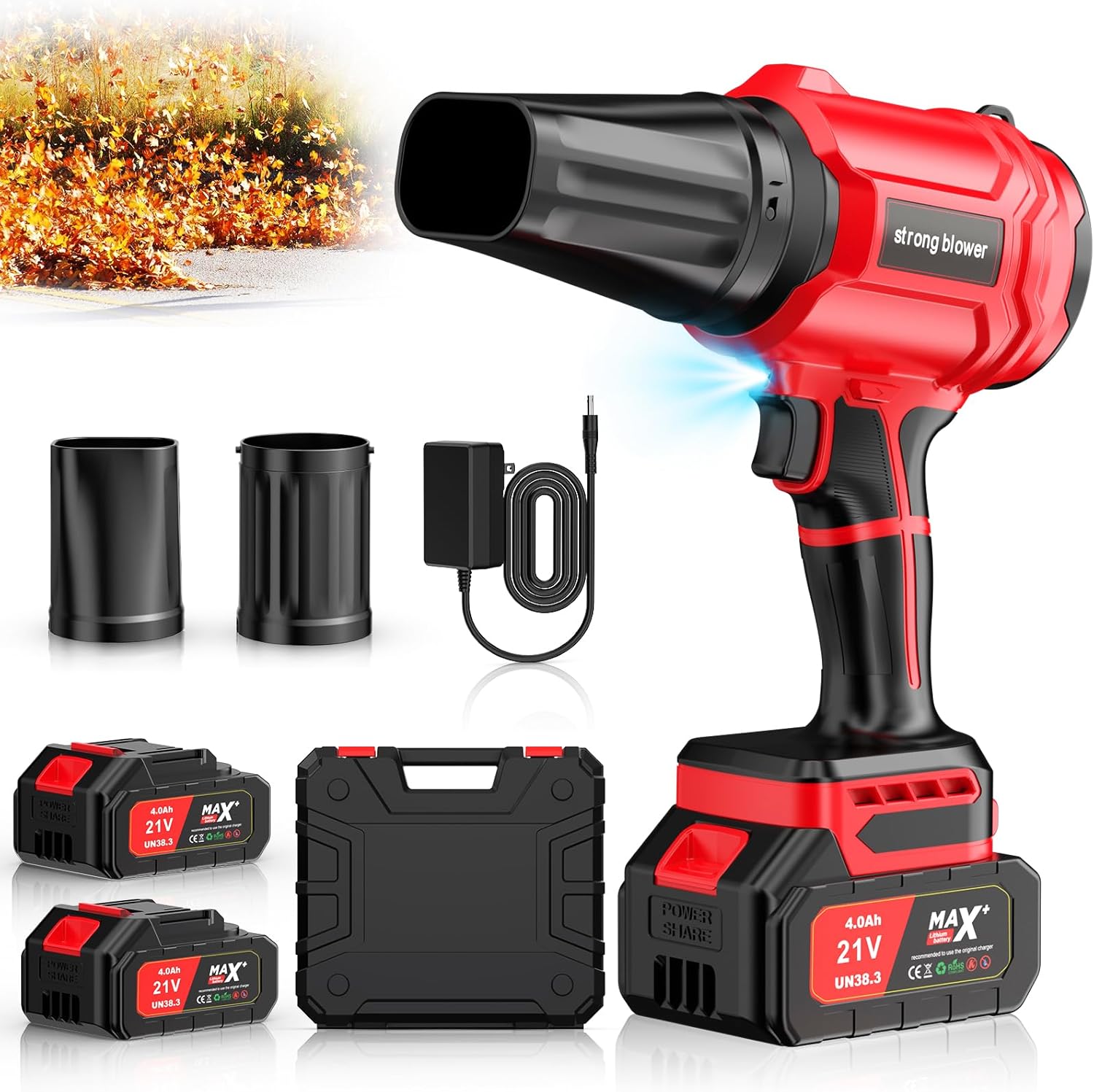 Cordless-Leaf-Blower for Lawn Care-Portable Handheld Blower-Electric Leaf Blower with Battery and Charger with 21V, 4.0Ah-2 Batteries-Lightweight Leaf blowers for Patio Cleaning dust-red