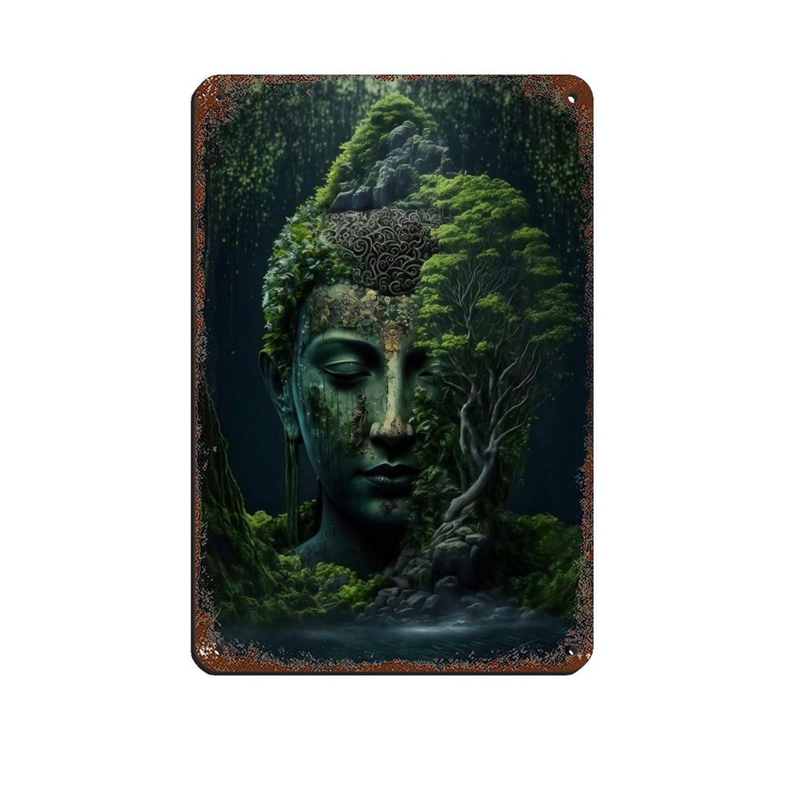 Buddha Statue in Green Forest Painting Retro Poster Metal Tin Sign Chic Art Retro Iron Painting Bar People Cave Cafe Family Garage Poster Wall Decoration 8x12inch(20x30cm)
