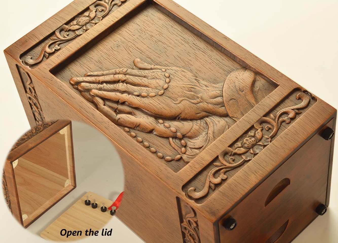 Wooden urn Human Ashes Cremation Adult Box Funeral Burial Male Casket Decorative Memorial funerary Men Large 250LBS Praying Hand