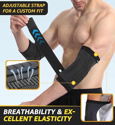 Miniatura 4 de HiRui Paquete de 2 coderas para hombres y mujeres, coderas de compresión con correas ajustables, codo de tenis, tratamiento de codo de golfista,