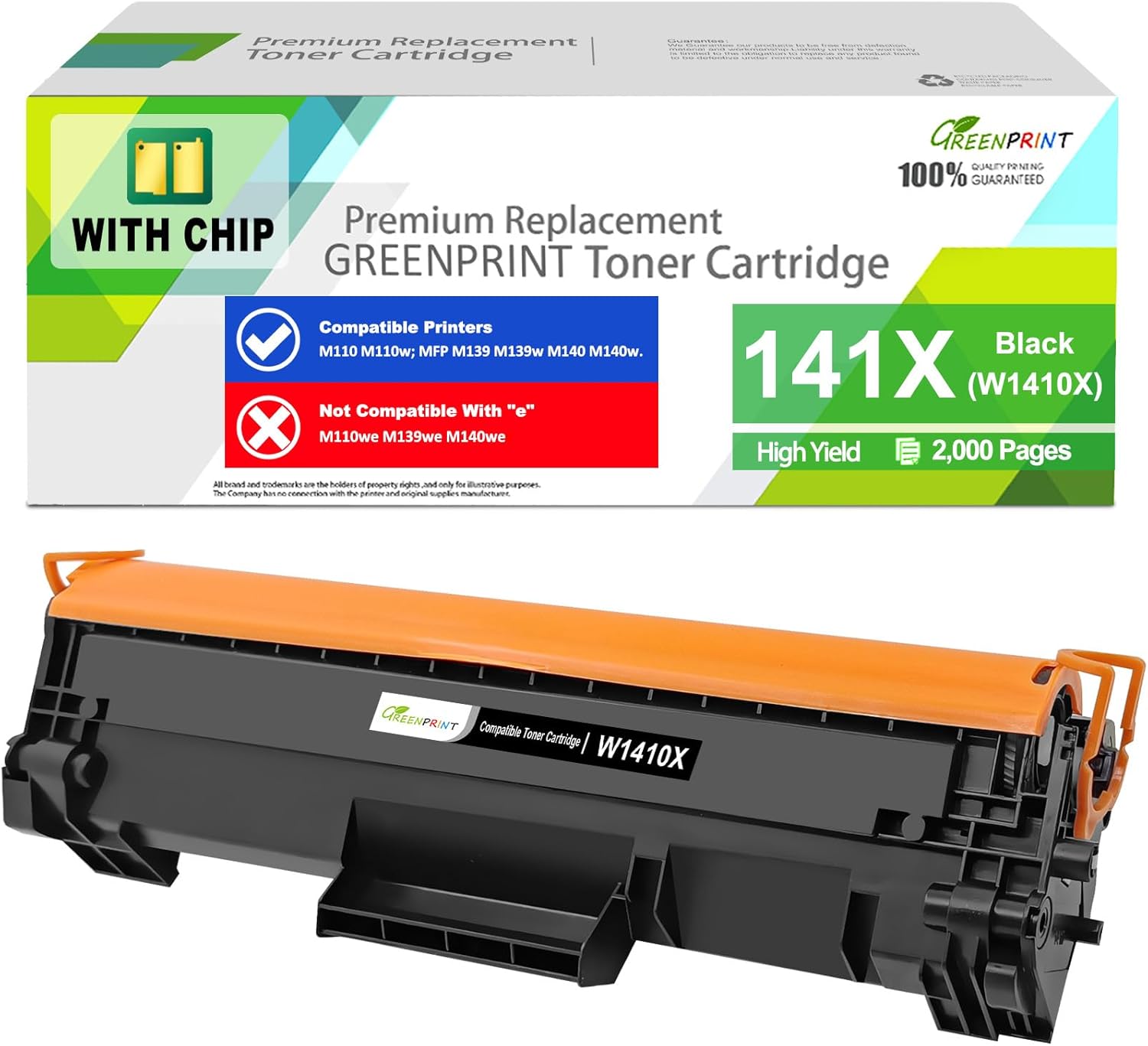 GREENPRINT with CHIP 141X W1410X ( W1410A 141A ) Compatible Toner Cartridge Black High Capacity 2000 Pages for H P M110 M110w M139 M140 M140w Printer, Can't Work with H P + Printer Model End with e