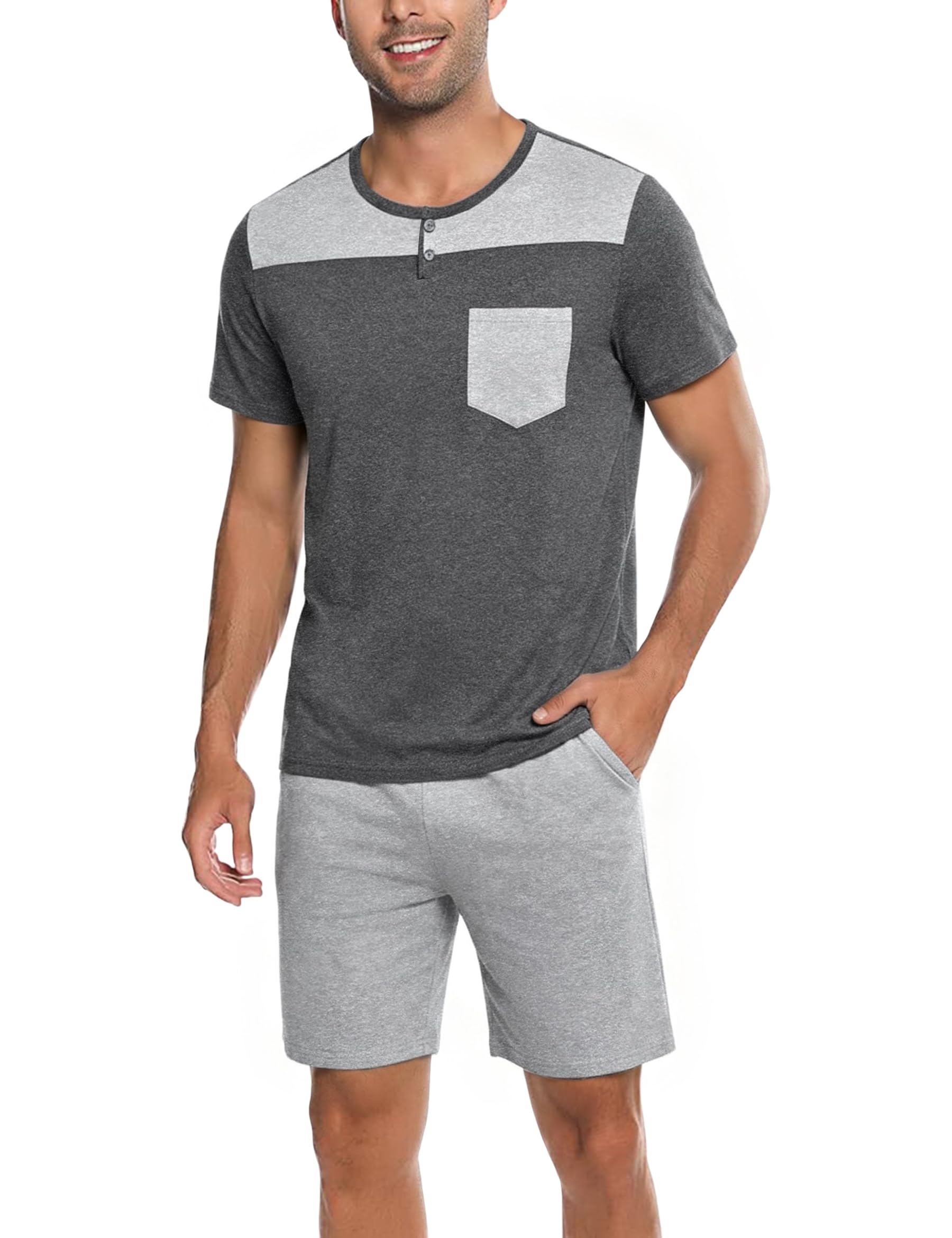 Demegimi Herren Schlafanzug Kurz Pyjama Baumwolle Sommer Zweiteilige Pyjamas Set für Männer