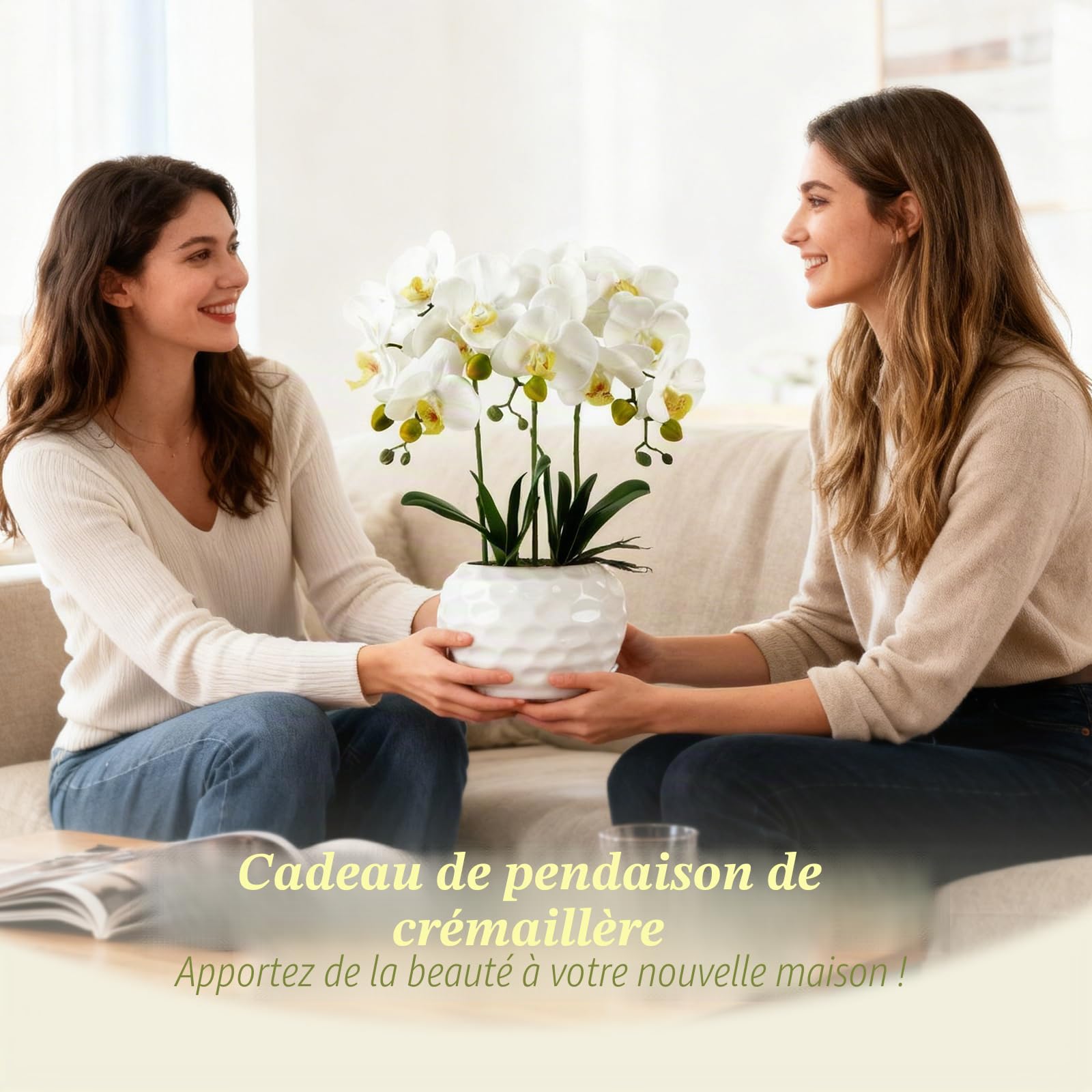 PlusFive Orchidées artificielles en pot - Phalaenopsis blanches en soie, orchidées artificielles comme de vraies pour la décoration intérieure, décoration de table, décoration de rebord de fenêtre
