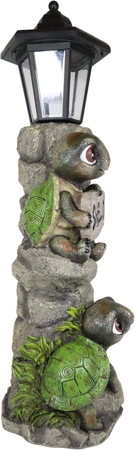Ebros Gift Whimsical 2 Baby Tortoise Turtles Holding Shello Greeting Sign On Rock Outpost Solar LED Courtesy Path Light Garden Statue Home Decorative Patio Figurine