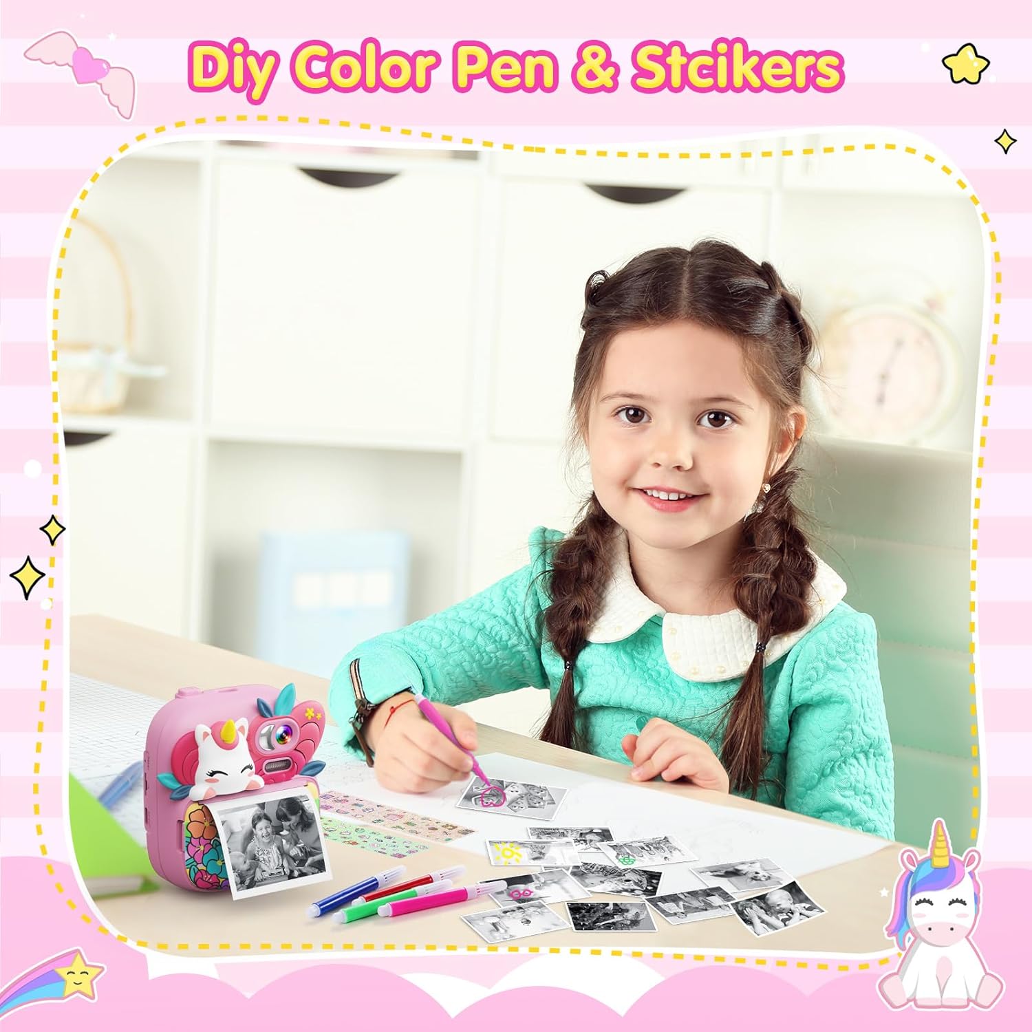 Child coloring a printed photo from the TIATUA Kids Camera