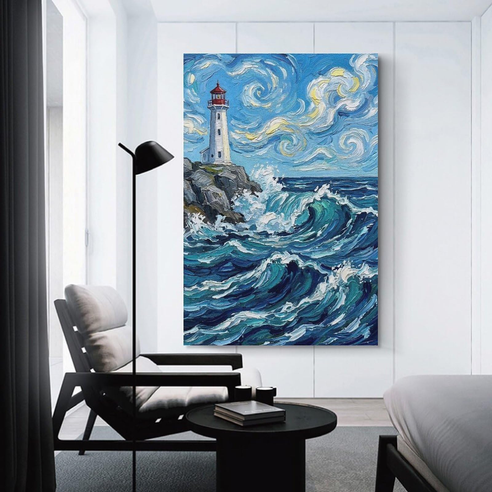 Junmoney Lighthouse And Ocean Waves Painting Wall Picture Print 24x36inch(60x90cm), for Corridors, Hallways Or Apartment Entries, Wall Decor to Refresh Empty Corners