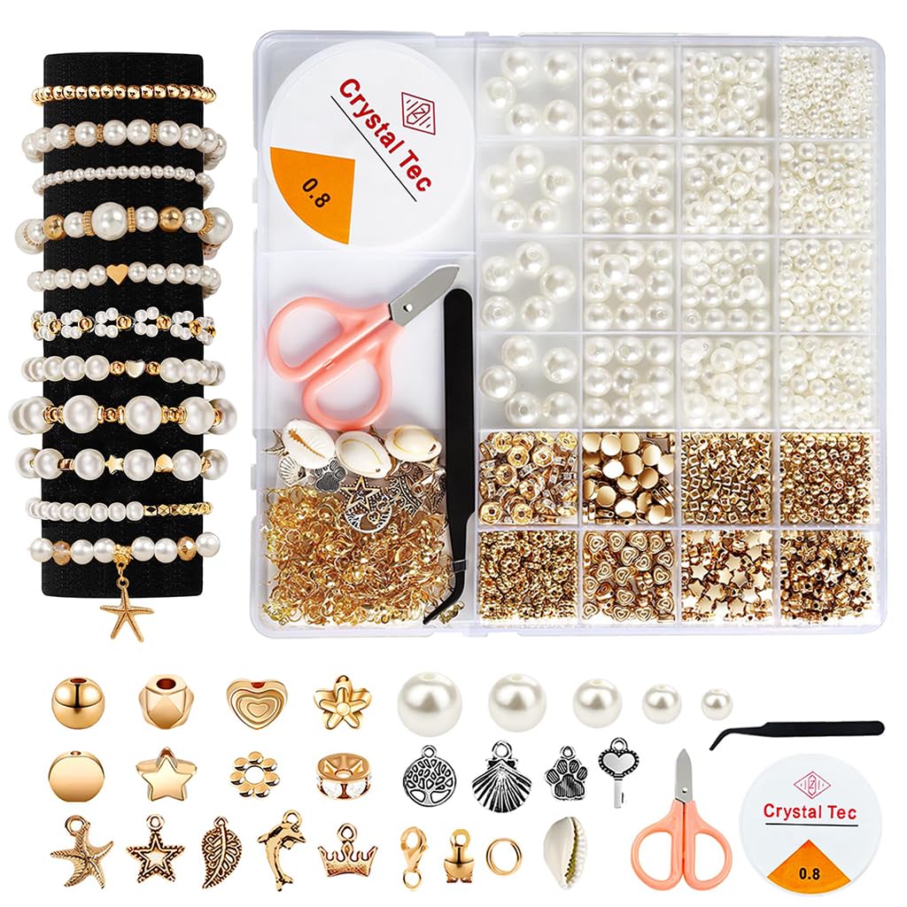 SANNIDHI® 1200pcs Pearls Beads for Bracelet Making Kit for Adults, Pearl Beads Jewellery Making Materials Kit, Bracelet Beads Set with Charms, Gold Spacer Beads for Kids Activity Girls DIY Crafts
