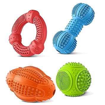 Dog Chew Toys 4 Pack, Dog Toys for Aggressive Chewers Small Medium Breed, Multifunctional Teeth Cleaning and Gum Massage, Tough Dog Toys with Natural Rubber for Puppy and Medium Dog
