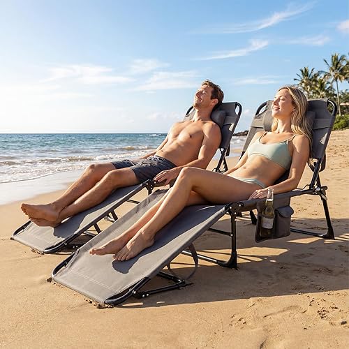 Miniatura 2 de COSTWAY Silla de playa plegable, silla de bronceado con orificio para la cara, respaldo ajustable de 5 posiciones, almohada y bolsillo lateral