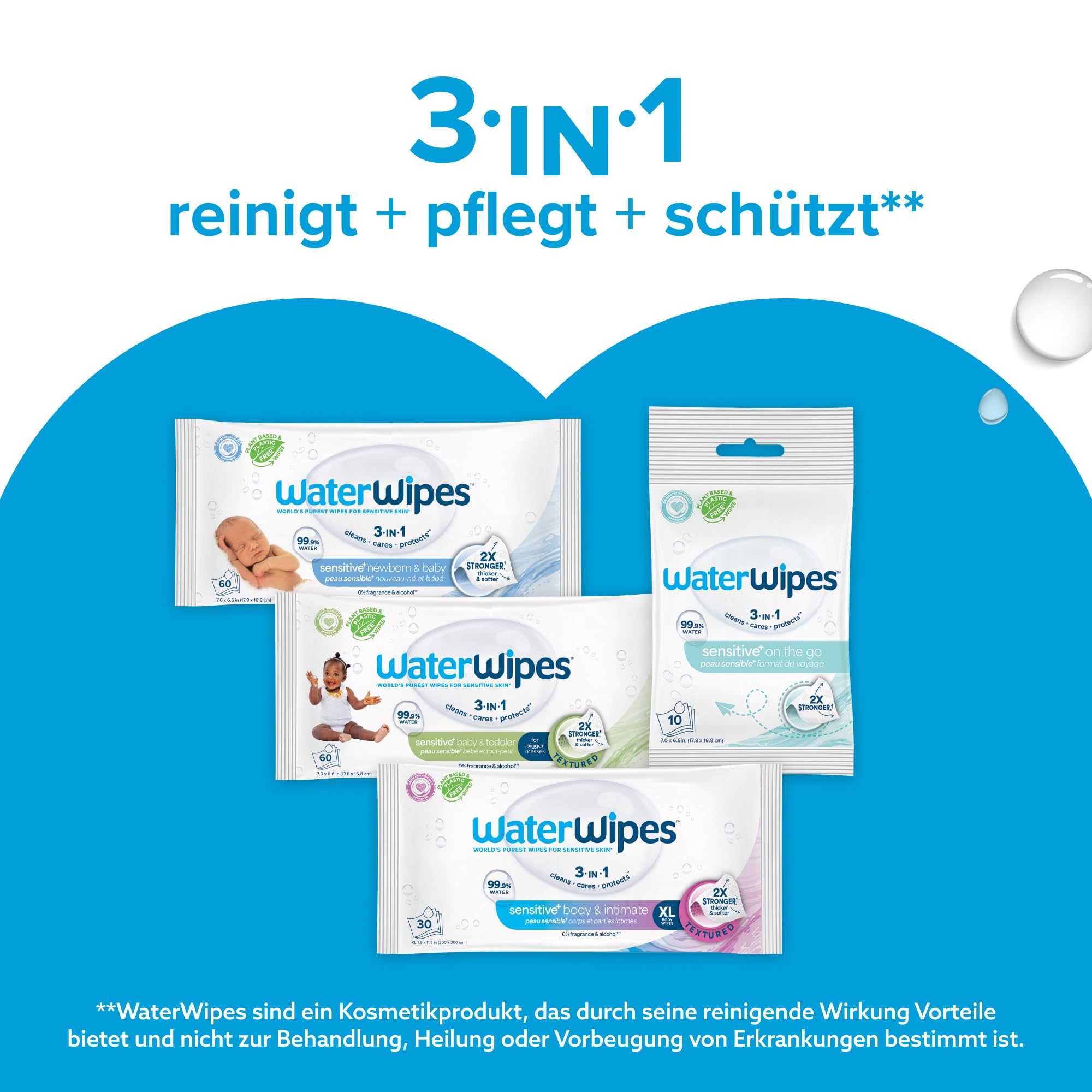 WaterWipes Sensitive+ Feuchttücher für Neugeborene und Babys, 720 Stück (12 Packungen), 99,9% Wasser, parfümfrei