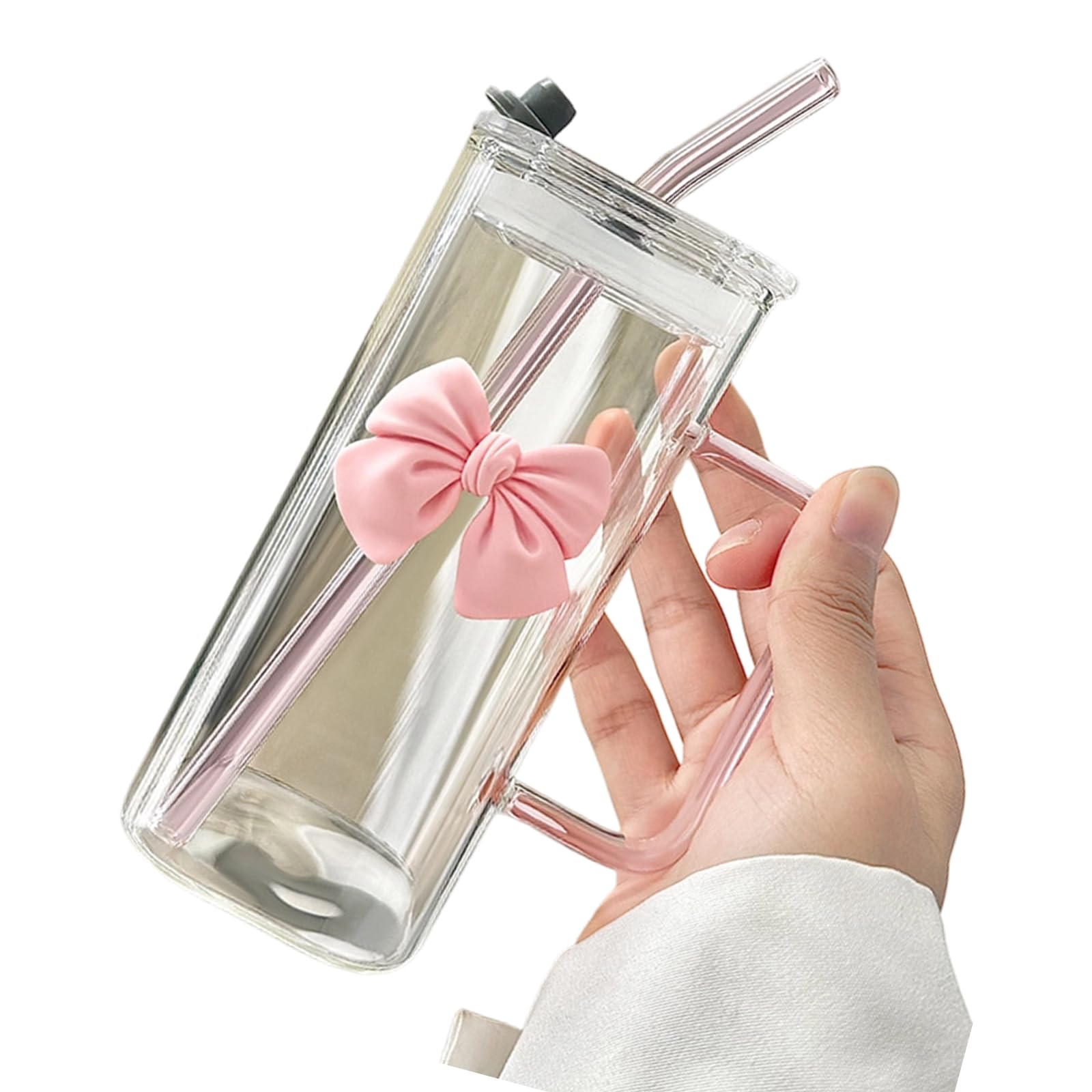 Xinsheinelry 400ml Square Glass Drinking Cup with Straw and Bowknot Accent Water Tumblers Mug for Various Beverages Glass Cup
