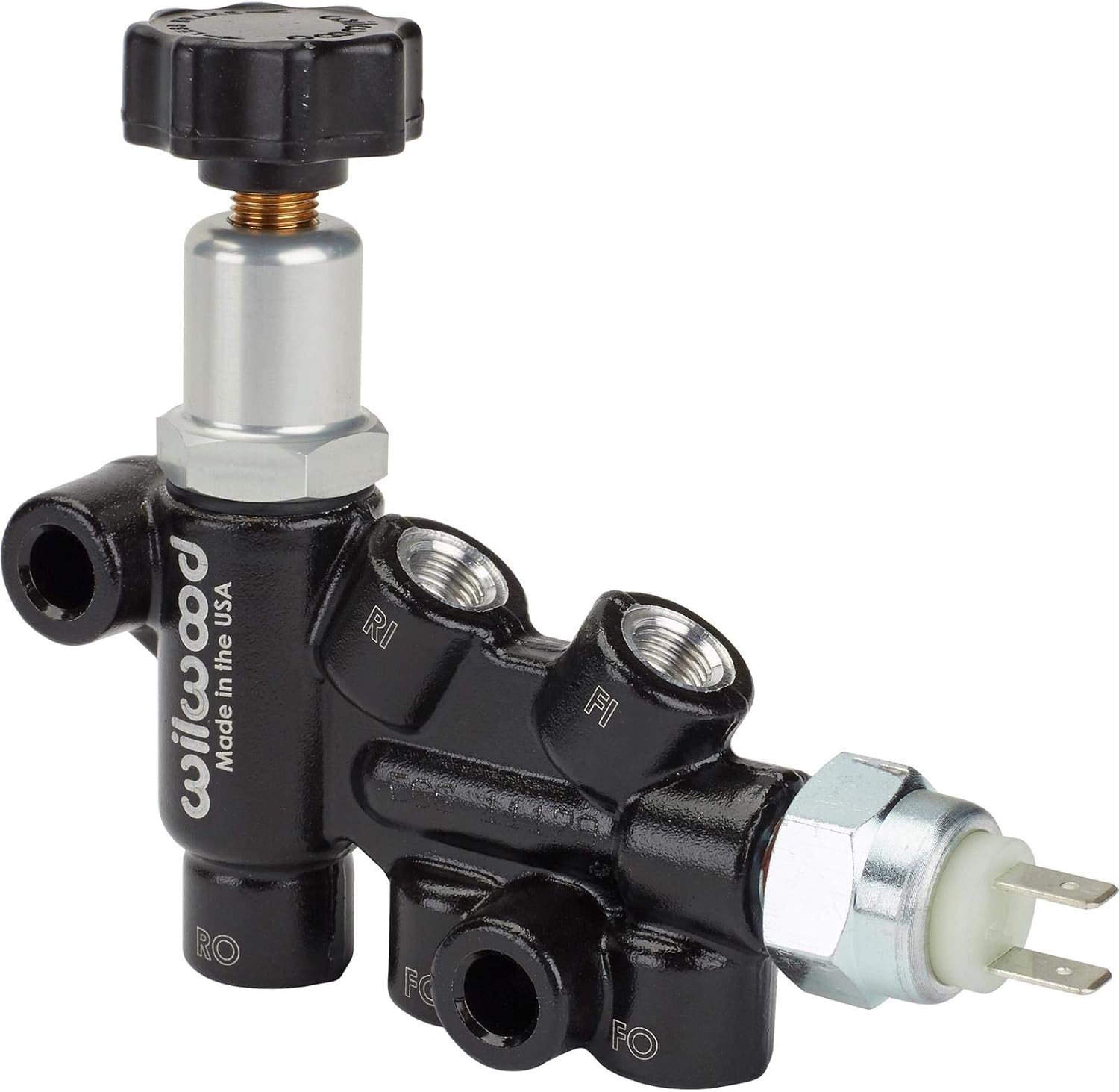 Speedway Motors Wilwood Adjustable Proportioning Block with Flare Nuts, Aluminum Anodized Black, 3/8-24 Inverted Flare Ports for 3/16 Brake Line, Universal Disc Brake