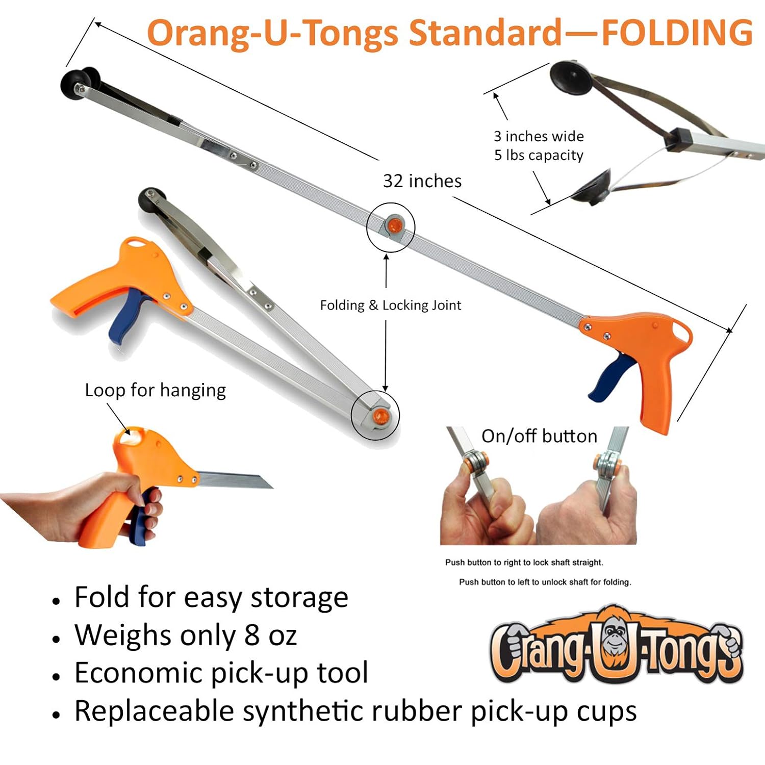 ArcMate Orang-U-Tongs Standard Folding Litter Pick-Up Tool, Suction Cup Reacher Grabber, Indoor or Outdoor Use, Jaws Open 4.5", 5lb. Pick Up Capacity, Orange, 32", 2 Pack: Industrial & Scientific