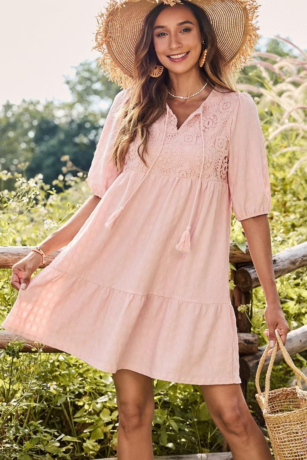 Dokotoo Womens Dresses Summer V Neck Drawstring Embroidered Half Sleeve Mini Dress Boho Dresses for Women 2026 Sundresses - Image 2