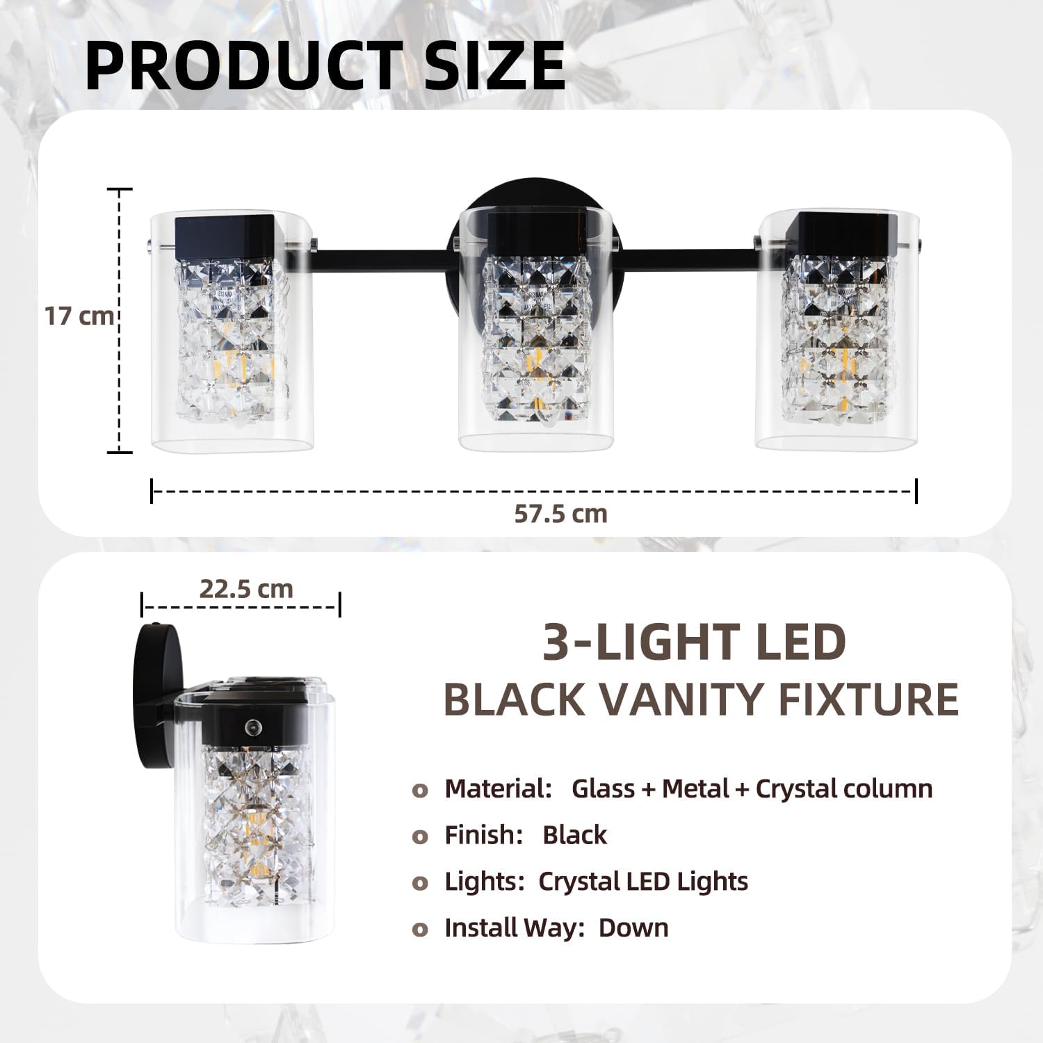 3 Lights Bathroom Vanity Light, Wall Mount Bathroom Light Fixtures,Crystal Bathroom Light Fixture Over Mirror, Matte Black & Crystal Indoor Wall Lights Crystal Glass Shade（E12 Bulb not included）