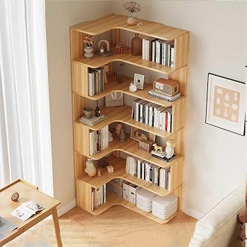 Modern Vertical Corner Bookshelf Solid Wood Floor Bookcase, Six-Layer Corner Bookshelf with Shelves & Open Back Design Living Room Storage Shelves
