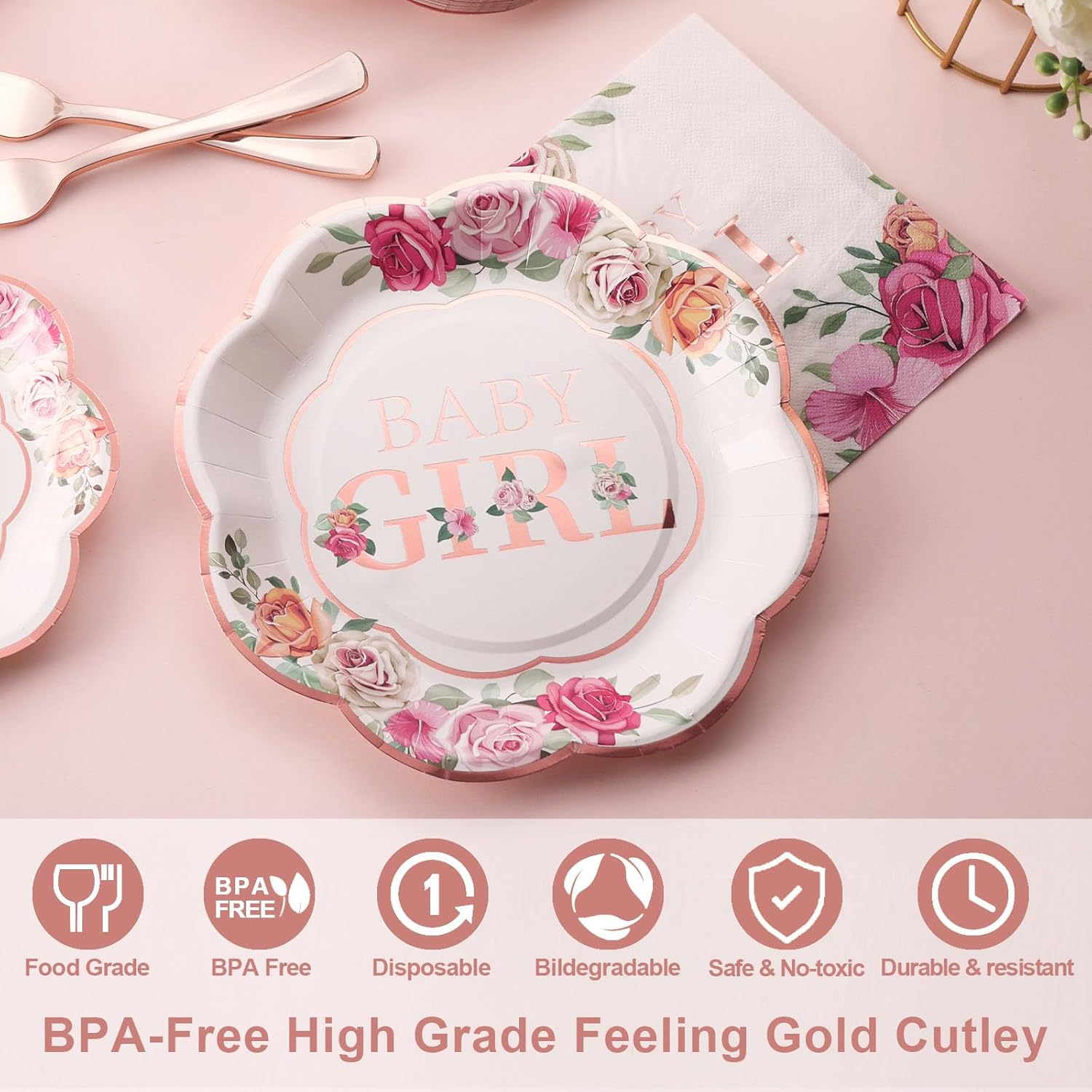 Baby Shower Decorations,Floral Girl Baby Shower Decorations, Baby Shower Plates and Cups and Napkins Set for Baby Girl Shower Decoraraions Party Supplies-(Serves24)