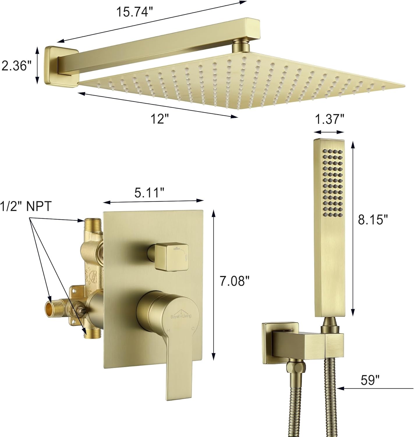 Boyel Living 12 Inch Matte Brushed Gold Shower Faucet Set with Rain Shower Head with Handheld Spray，High Pressure Rainfall Shower System，cUPC Certified