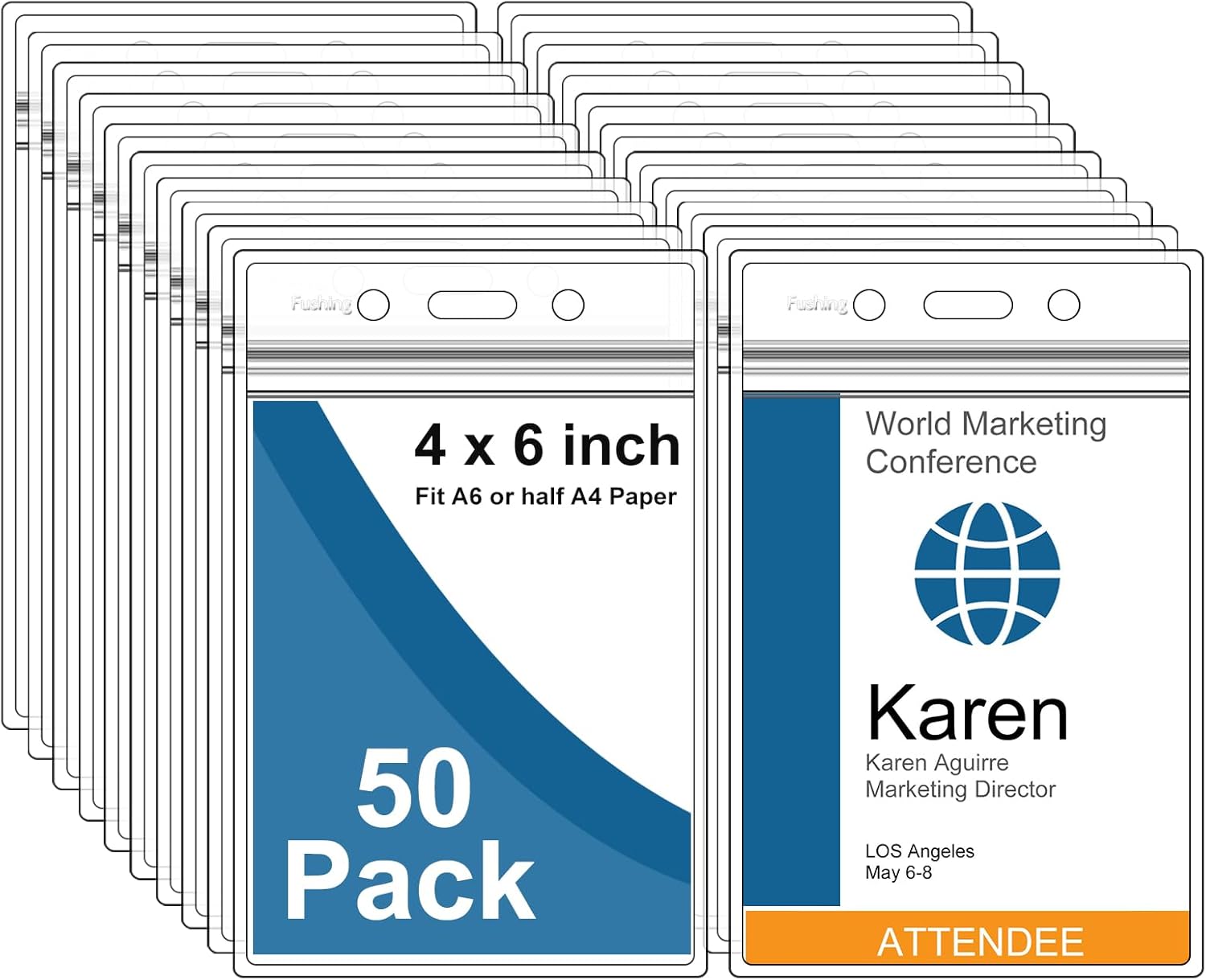 Fushing Pack of 50 Clear Plastic Vertical Badge Holders, Name Tag Holders, Card Holders (XXL)