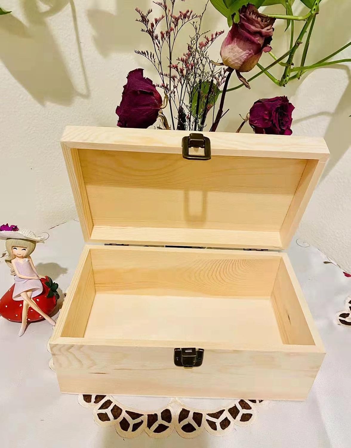 Natural Wooden Craft Box with Hinged Lid - Large 9.2"x5.5"x3.9" Reusable DIY Jewelry & Gift Box for Home, Art Supplies, and Hobby Organization, Unfinished Unpainted Wood Box