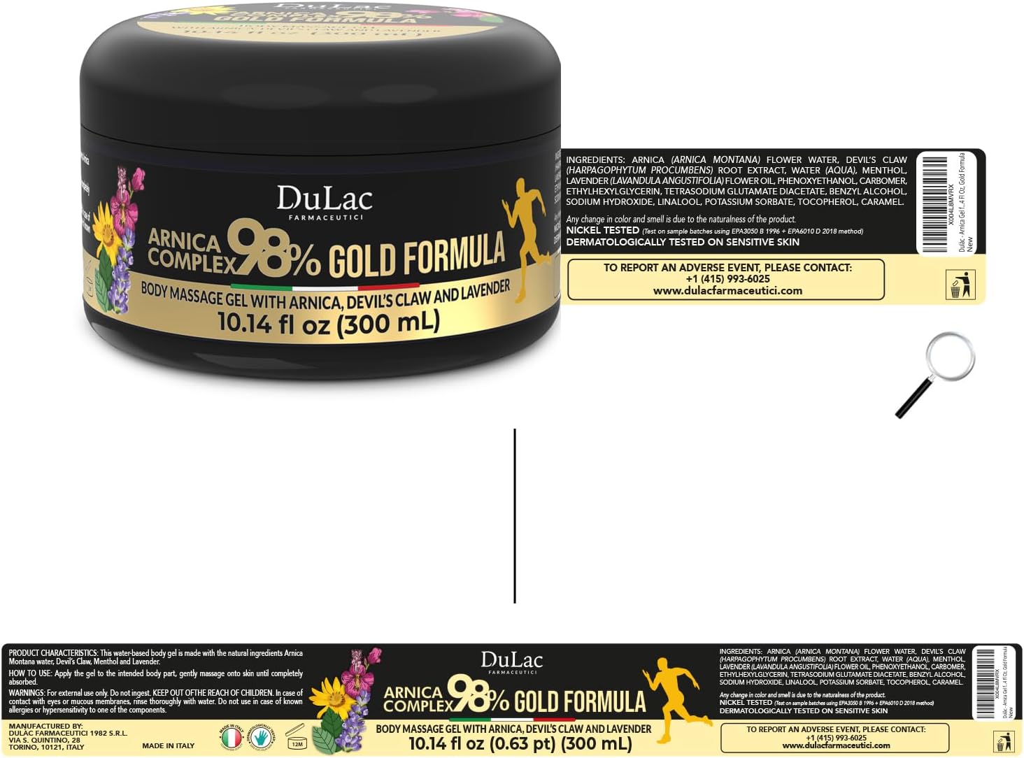 Dulàc - Arnica Body Massage Gel, Arnica Montana 98% Maximum Strength + Devil's Claw for Muscle Massage, Arnica Montana Complex 98% 10.14 Fl Oz, Gold Formula