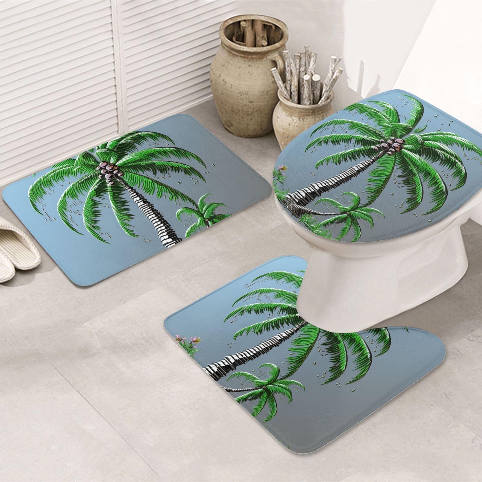 Dwrepo Coconut Tree Print Bathroom Rug Set 3 Piece with Non-Slip U-Shaped Contour Mat and Toilet Lid Cover for Bathroom Decoration