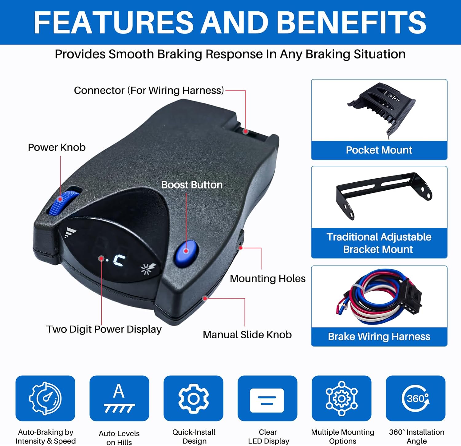 90885 Electronic Proportional Brake Control Kit for 1-4 Axle Trailers, Electric Over Hydraulic Brake Controller Compatible with Tekonsha Prodigy P2, Ford, GM, Chevy, Dodge, RAM, Toyota, Jeep