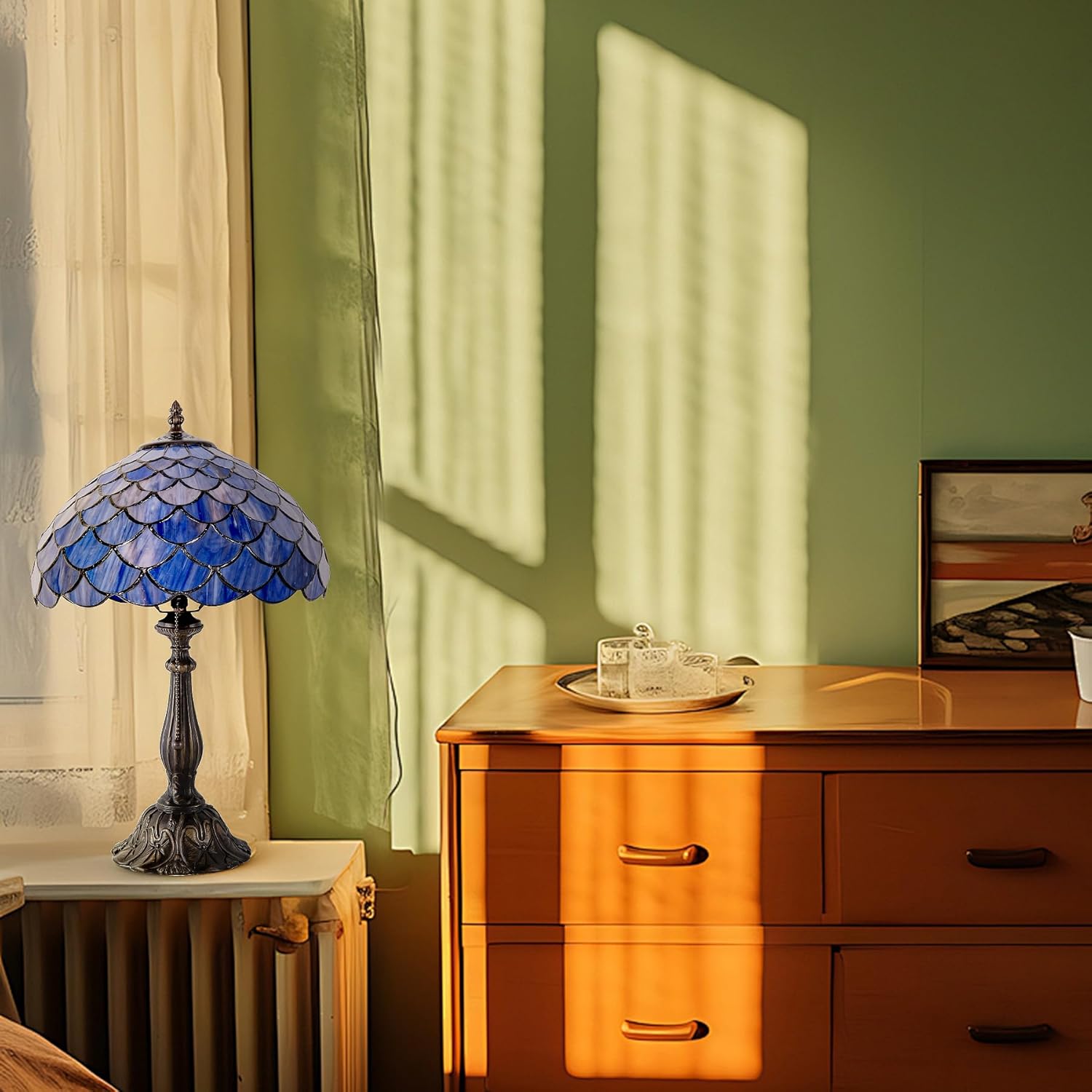 Tiffany Style Table Lamp Vintage Stained Glass Desk Lamp Deep Blue Purple Fish Scales Bedside Reading Light Decor Bedroom Living Room Home Office D12 xH18