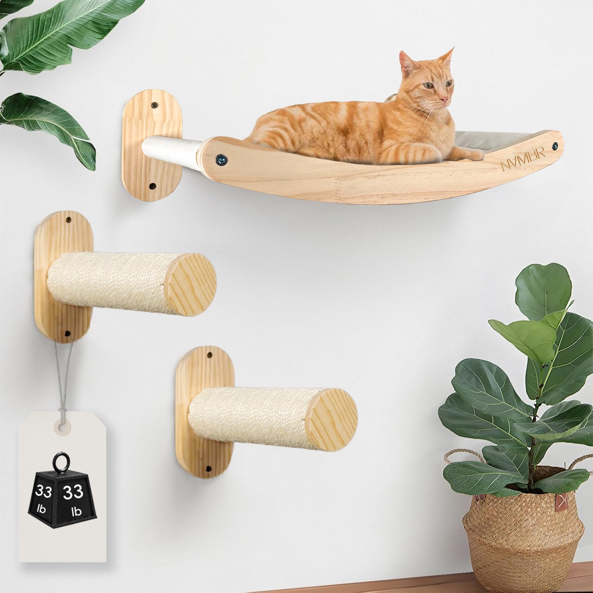 NVMBR Cat Wall Furniture Lounge with Sisal Stairs Set, 16 inch Stud Design, Easy Install Mounts, Holds up to 33 lbs Climber Indoor Perches for Walls, Shelf Hammock with Saftety Bar