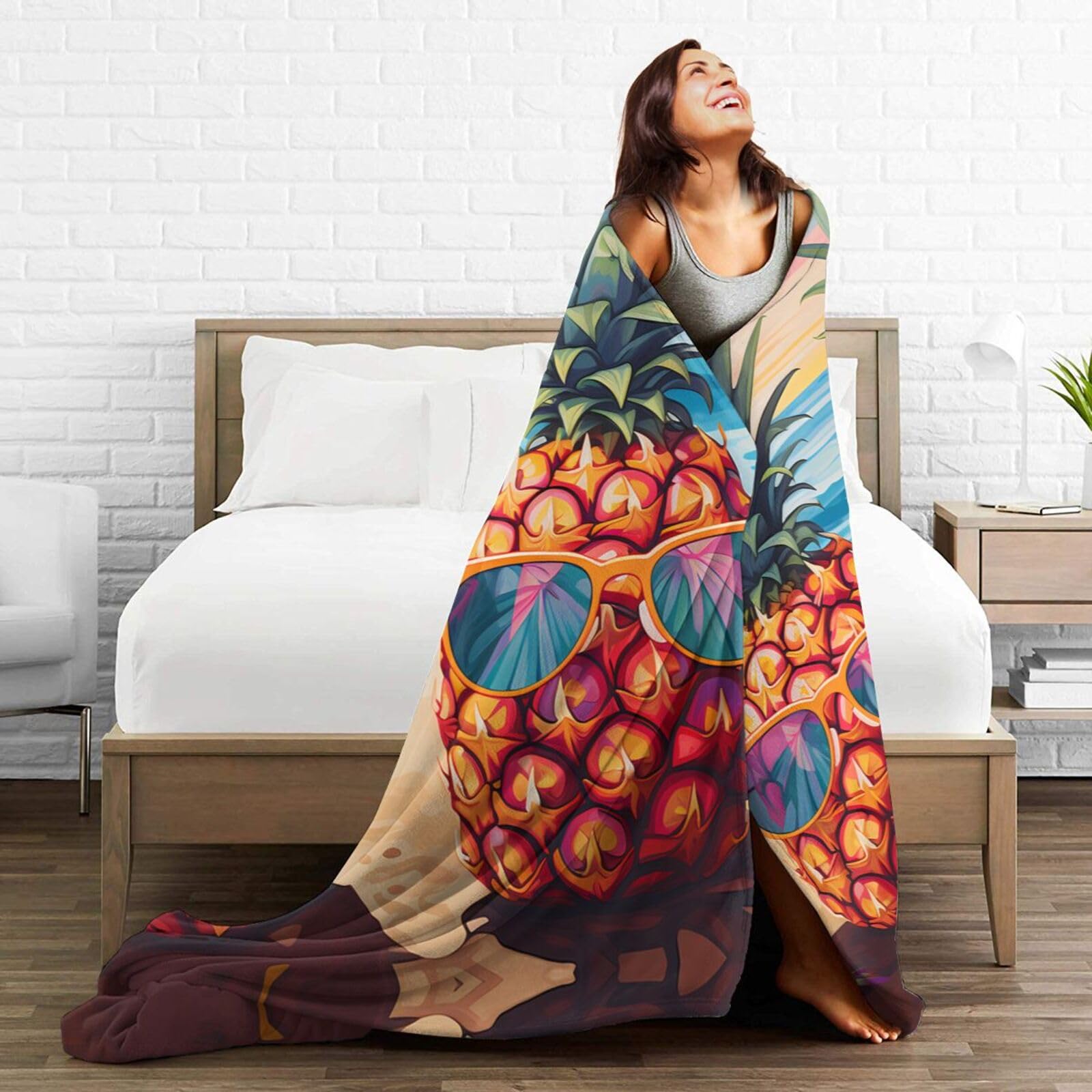 Coperta in micropile ultra morbida con ananas, stampa completa, materiale in flanella anti-pelucchi, leggera e resistente, perfetta per letti, divani, campeggio e viaggi, 203 x 152 cm
