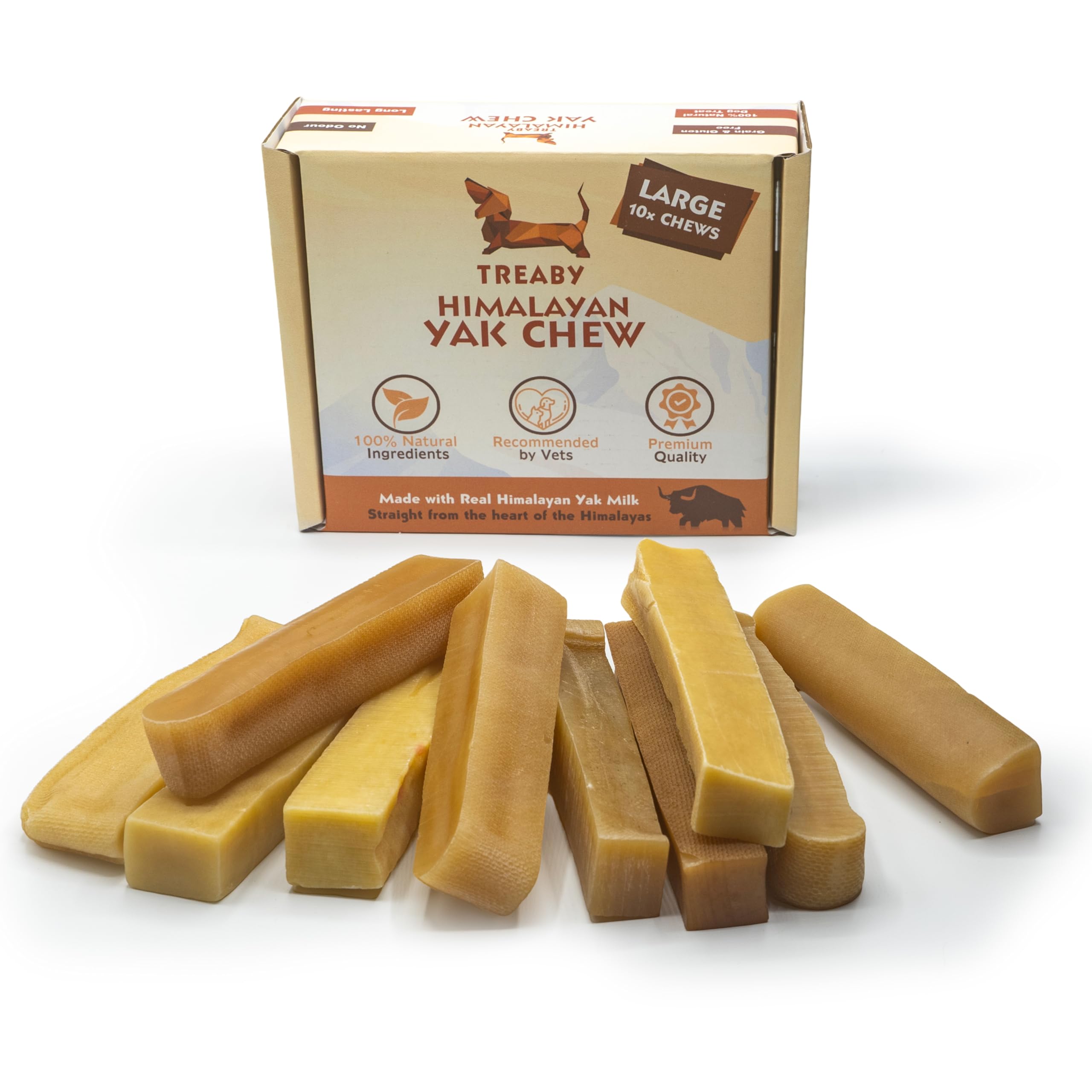 Treaby Authentic Himalayan Yak Milk Dog Chews, Box of 10 Dental Chew Sticks, Long-Lasting Natural Dog Treats, Size Large