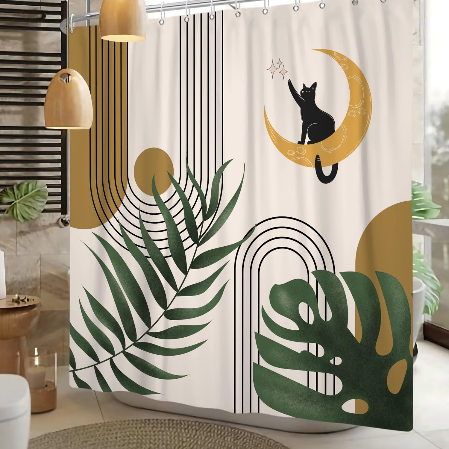 180x200cm Tende da doccia Boho con ganci, Arch Beige Marrone Sole Luna Gatto Foglie verdi Arte moderna Occlusa Impermeabile, Tessuto in poliestere Bagno Vasca Decorazione estetica