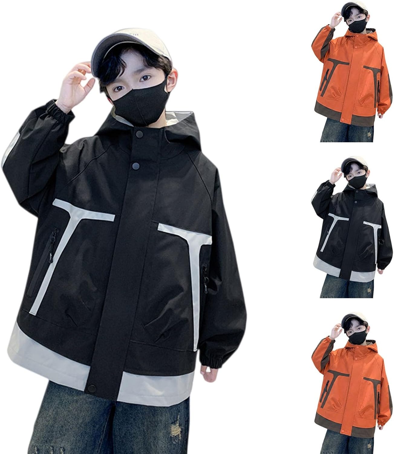 Boys Girls Rain Jacket Color Block Waterproof Outdoor Hoodie Windbreaker Jackets Casual Lightweight Zipper Soft Raincoat