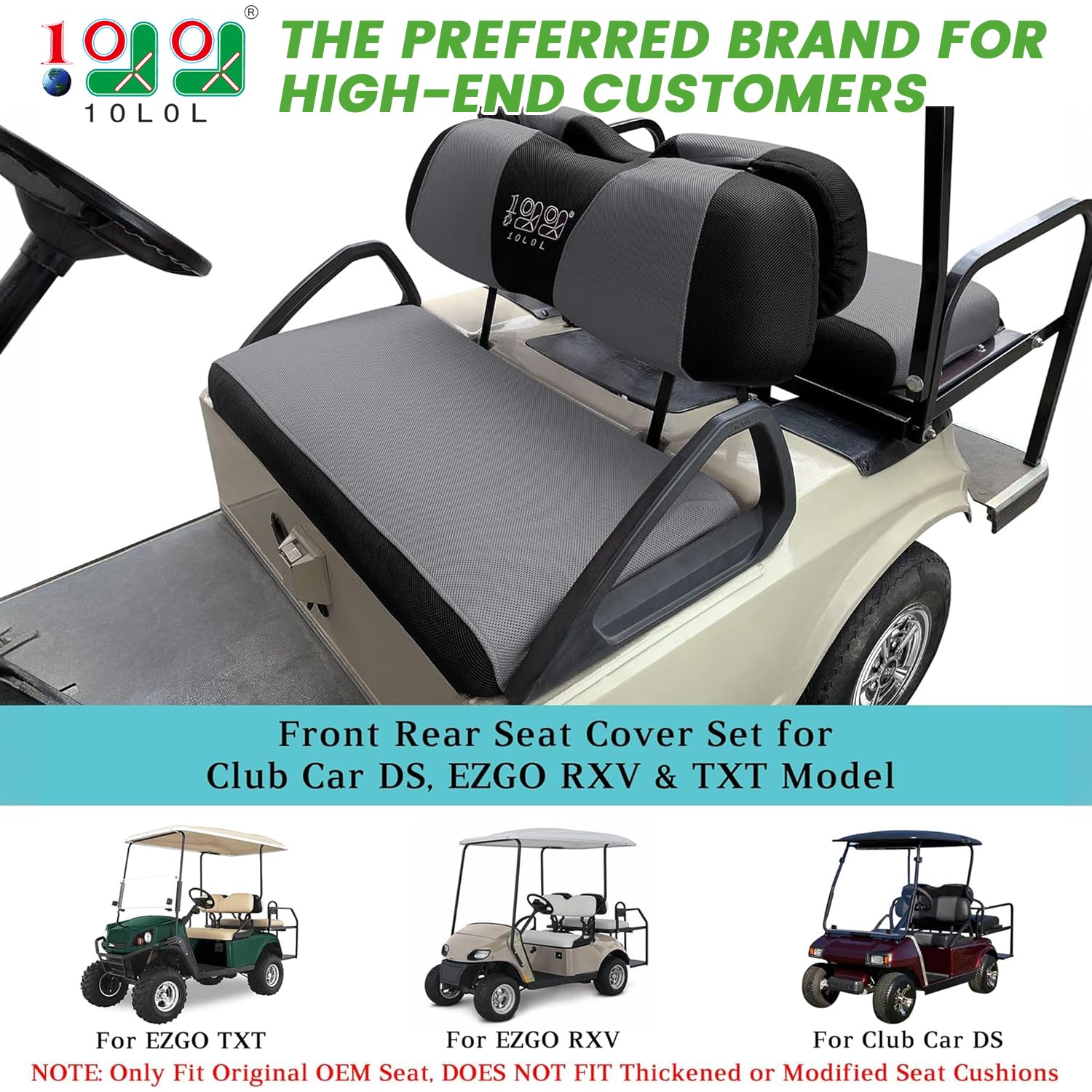 10L0L Golf Cart Front + Rear Seat Cover Set for EZGO TXT RXV & Club Car DS 4 Passenger Models Bench Seat Covers Kit Breathable Washable Polyester Mesh Cloth Gray Black Beige Red (S+XS)