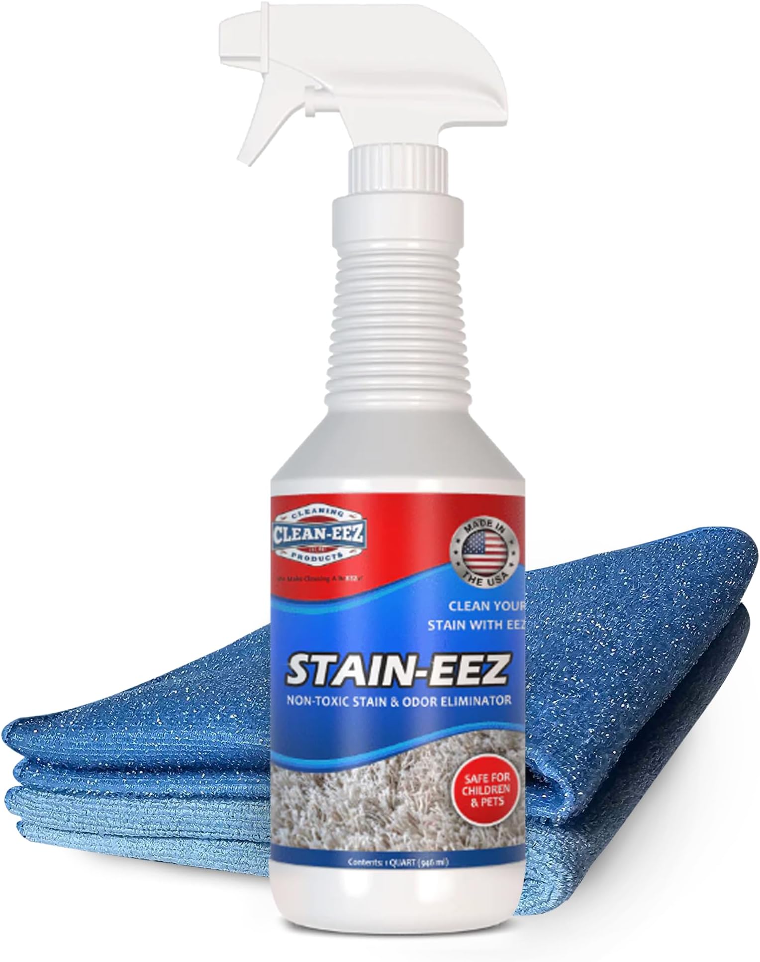 Clean-eez Stain-eez Carpet Cleaner Spray with Dual Microfiber Cloth Combo - Probiotic & Enzyme Power for Stain & Odor Elimination - 32oz & 2 Pack set