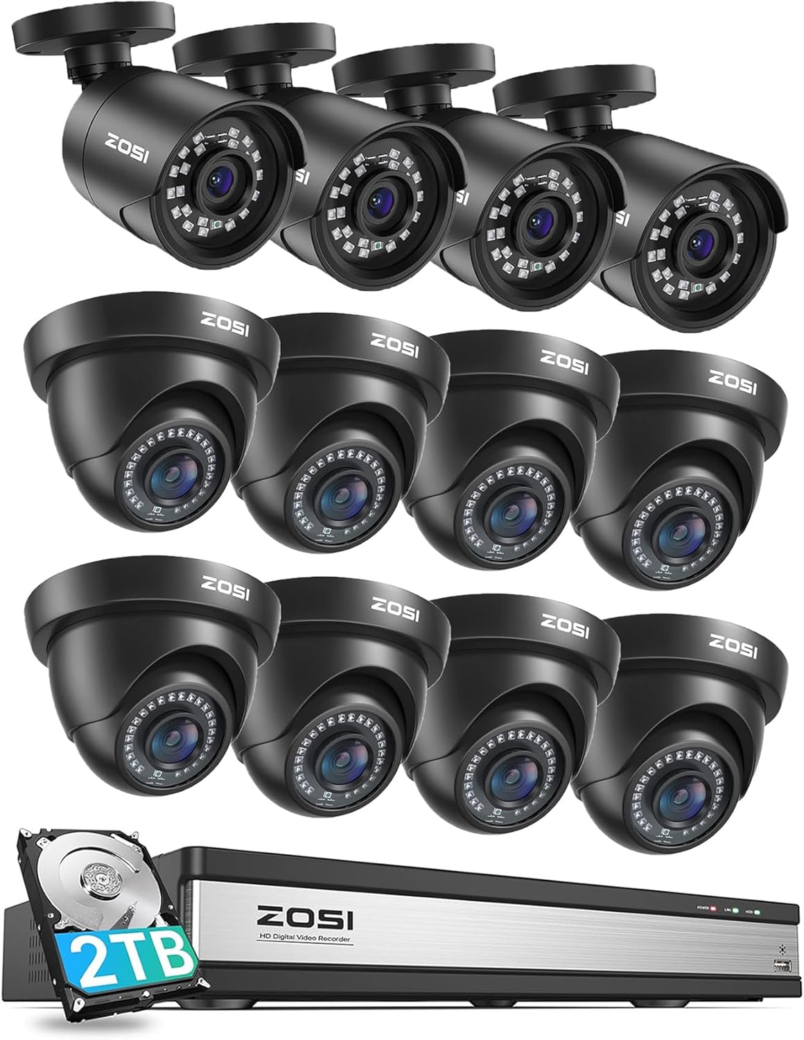 ZOSI 16CH 1080P Security Home Camera System Outdoor Indoor with AI Human Vehicle Detection, H.265+ DVR with 12 x 2MP Weatherproof Bullet Dome Camera, Remote Access, Motion Alert Push, 2TB HDD