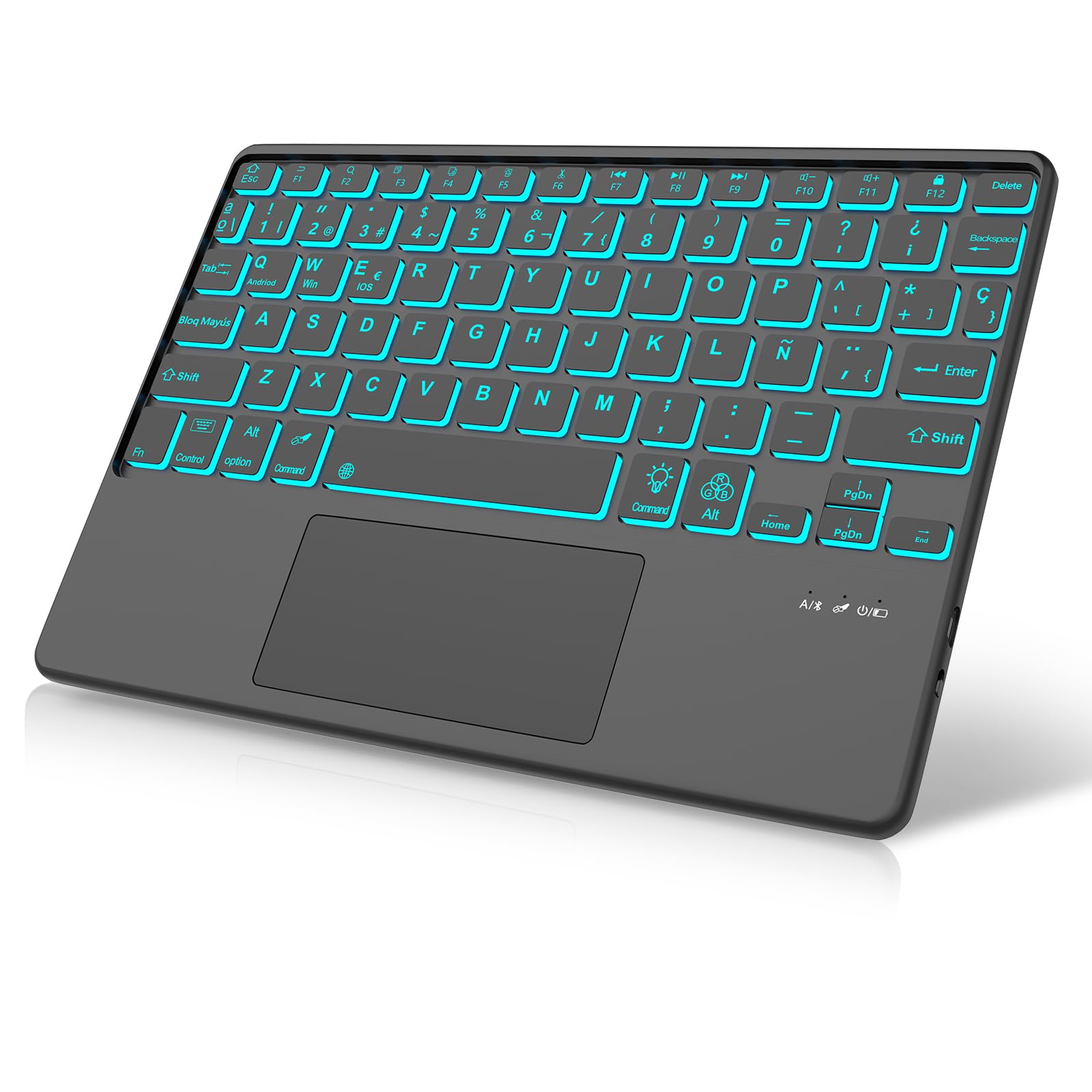 Teclado Retroiluminado Español Ñ Bluetooth Inalámbrico, Teclado Trackpad Bluetooth de 10 Pulgadas Inalámbrico Portátil- Negro