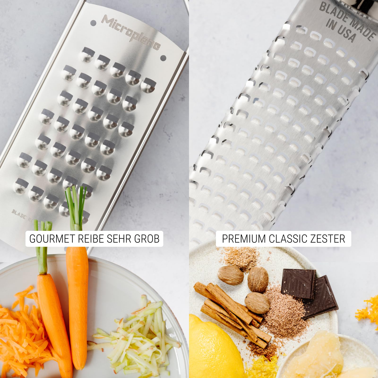 Microplane Gourmet Küchenreibe Set 3-teilig – Premium Zester, Reibe sehr grob & Gemüseschäler | Edelstahl, ultrascharfe Klingen, rutschfester Soft-Touch-Griff, Profi Küchenhelfer
