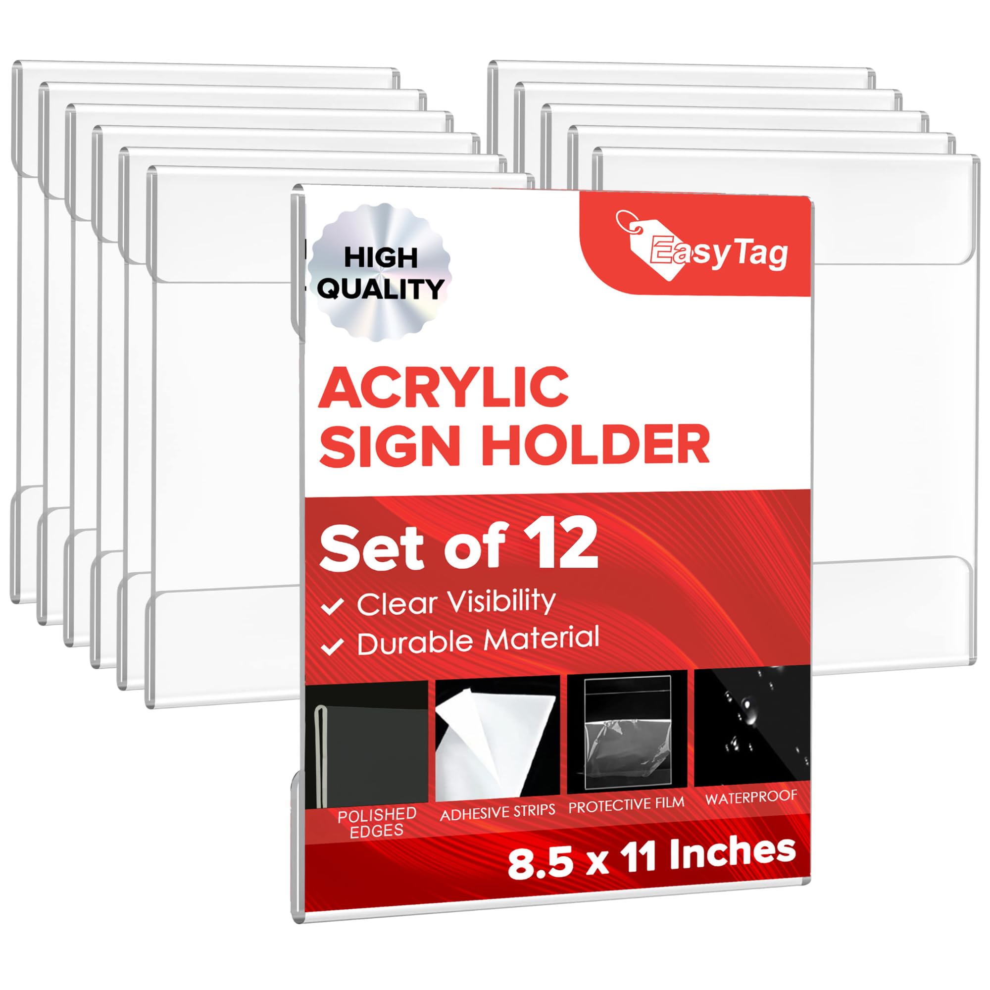 Easy Tag Acrylic Sign Holder 8.5 x 11 Wall Mount, Clear Sign Holders with Adhesive Strips, Wall Document Holder Plastic, Perfect Business & Store Sign