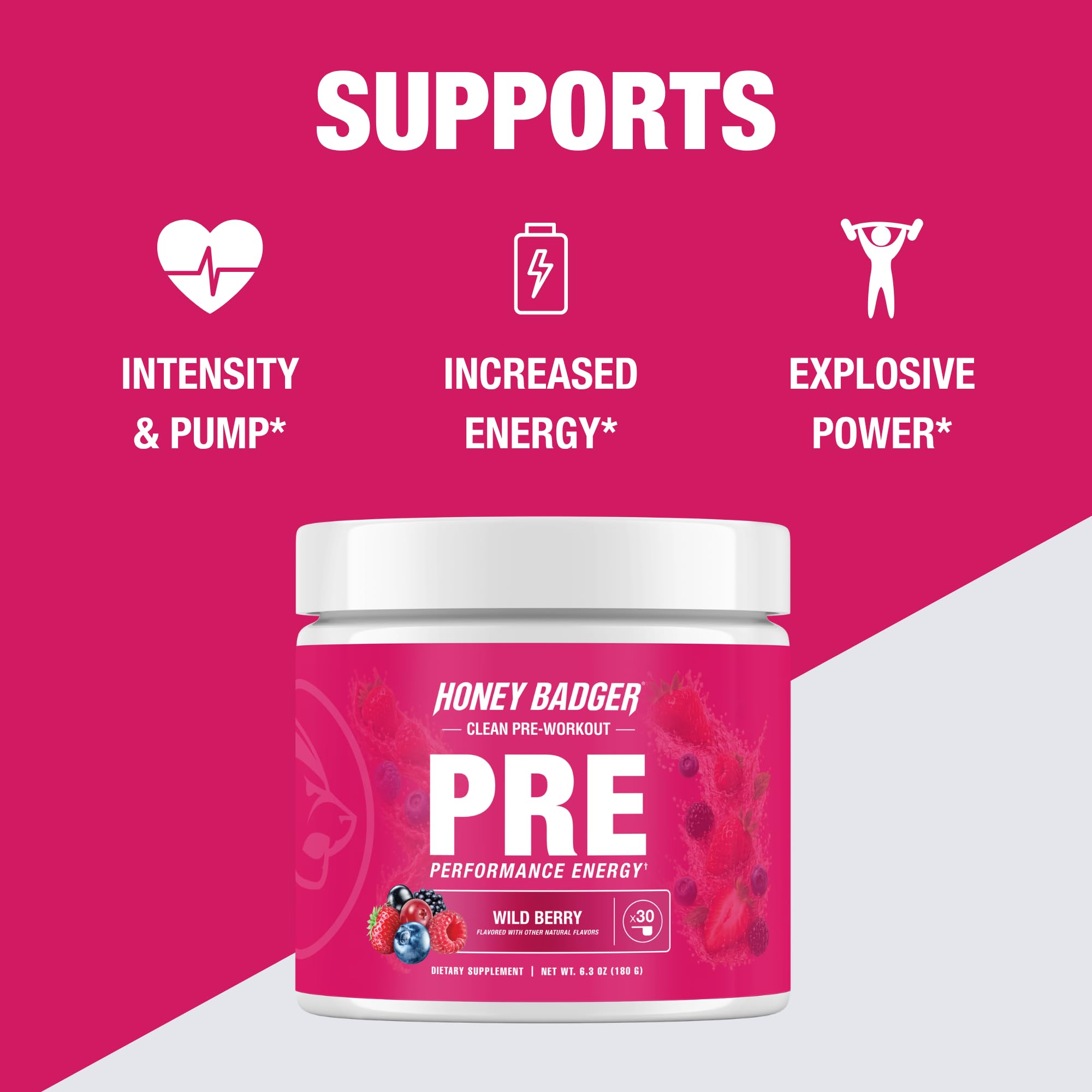 Honey Badger Pre Workout Powder, Keto Vegan Preworkout for Men & Women, Beta Alanine & Caffeine, Sugar Free Natural Energy Supplement, Wild Berry, 30 Servings — Amazon image 3