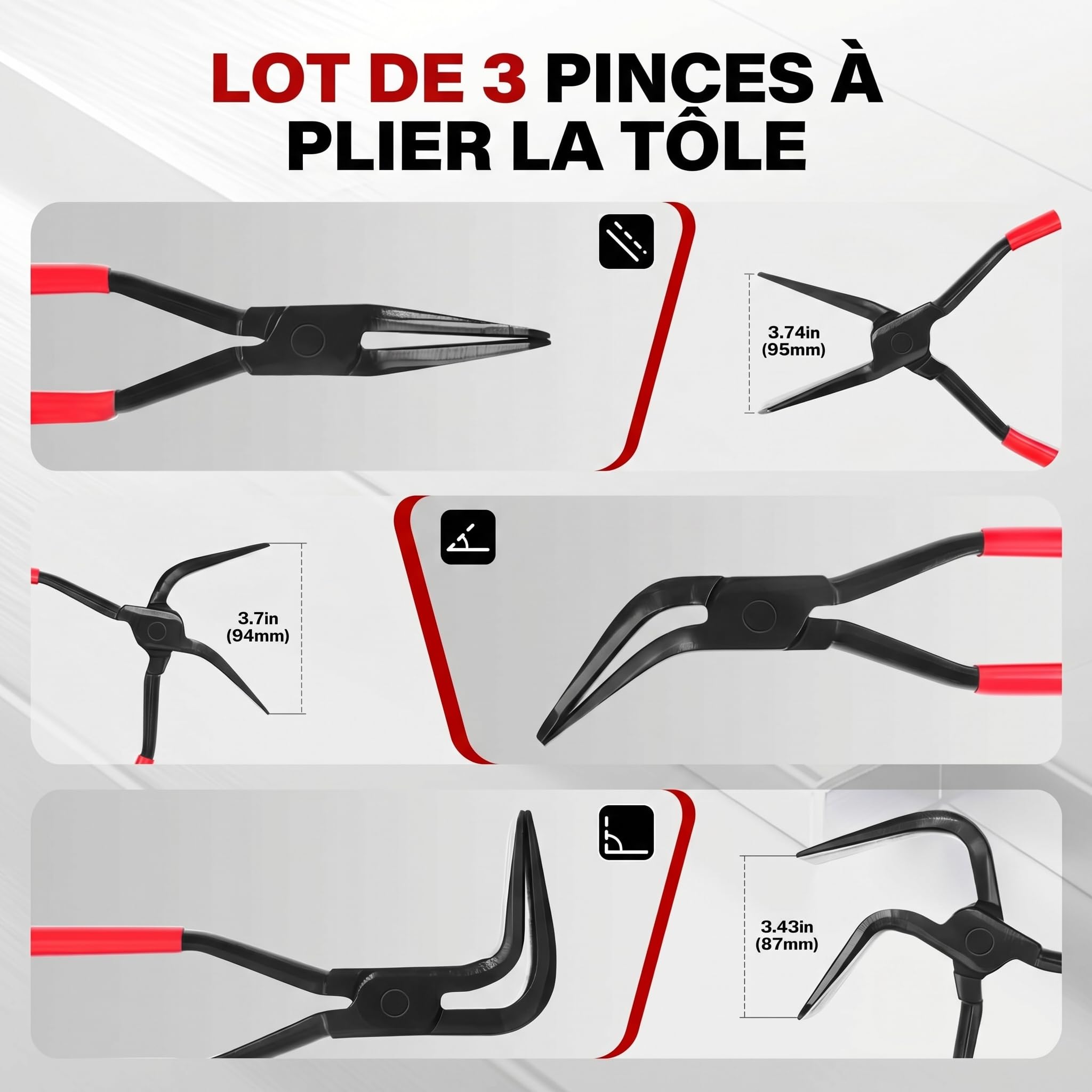 BILITOOLS Pince à Border 3 Pièces 0°45°90°, Pince à Plier Tôle & Zinc | acier carbone trempé, mâchoires 60 mm, poignée antidérapante, pour zingueur & bac acier