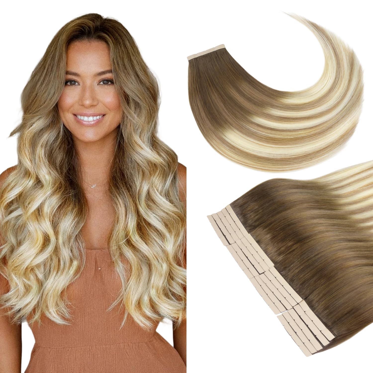 GOO GOO Tape in Hair Extensions Human Hair, 16inch 100g 20pcs, 8cm Wide Tape Weft Hair extenisons