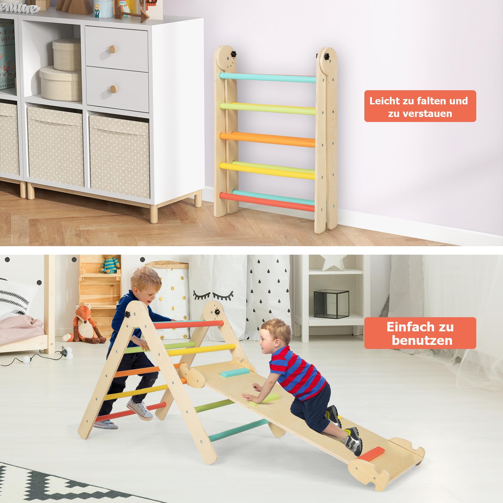 DREAMADE Montessori Klettergerüst Indoor, Holzdreieck Kletterspielzeug aus Holz, Kletterdreieck mit 2-seitiger Rutsche zum Rutschen und Klettern für Kinder ab 3 Jahren (Bunt)