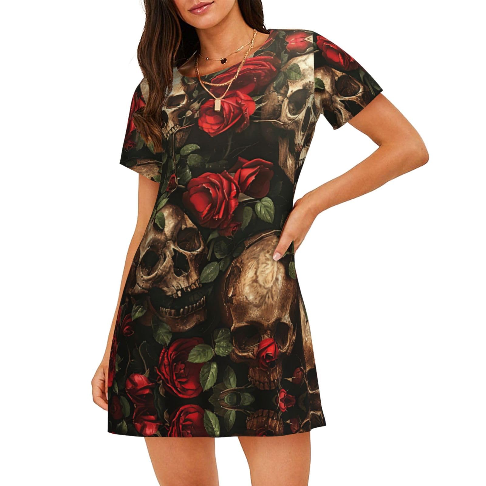 UVBDF Skull And Red Rose Womens Short Sleeved Nightshirts,Ladies Loose Round-Neck Sleepwear Pajama Dress