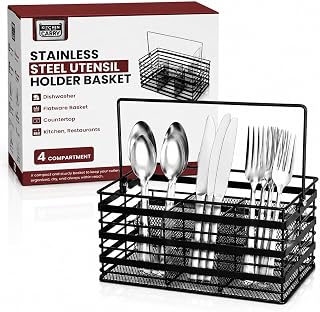 Kitchen Utensil Holder Countertop, Stainless Steel Utensil Basket | 4-Compartment, Counter Organizer, dishwasher, Flatware, Cutlery, Forks, Knives, Spoons, Chopsticks