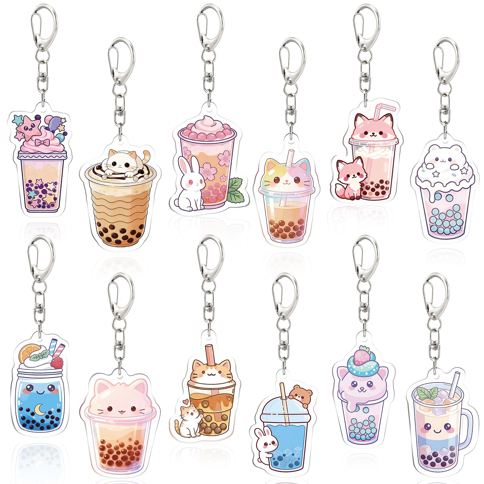 Photo 1 of 12 Pcs Boba Tea Keychains Kawaii Animal Acrylic Keyrings Cute Bubble Milk Tea Keychain Drink Charms Pendant for Women Kids Purse Wallet Handbag Backpack Classroom Prizes Birthday Gifts, 12 Designs