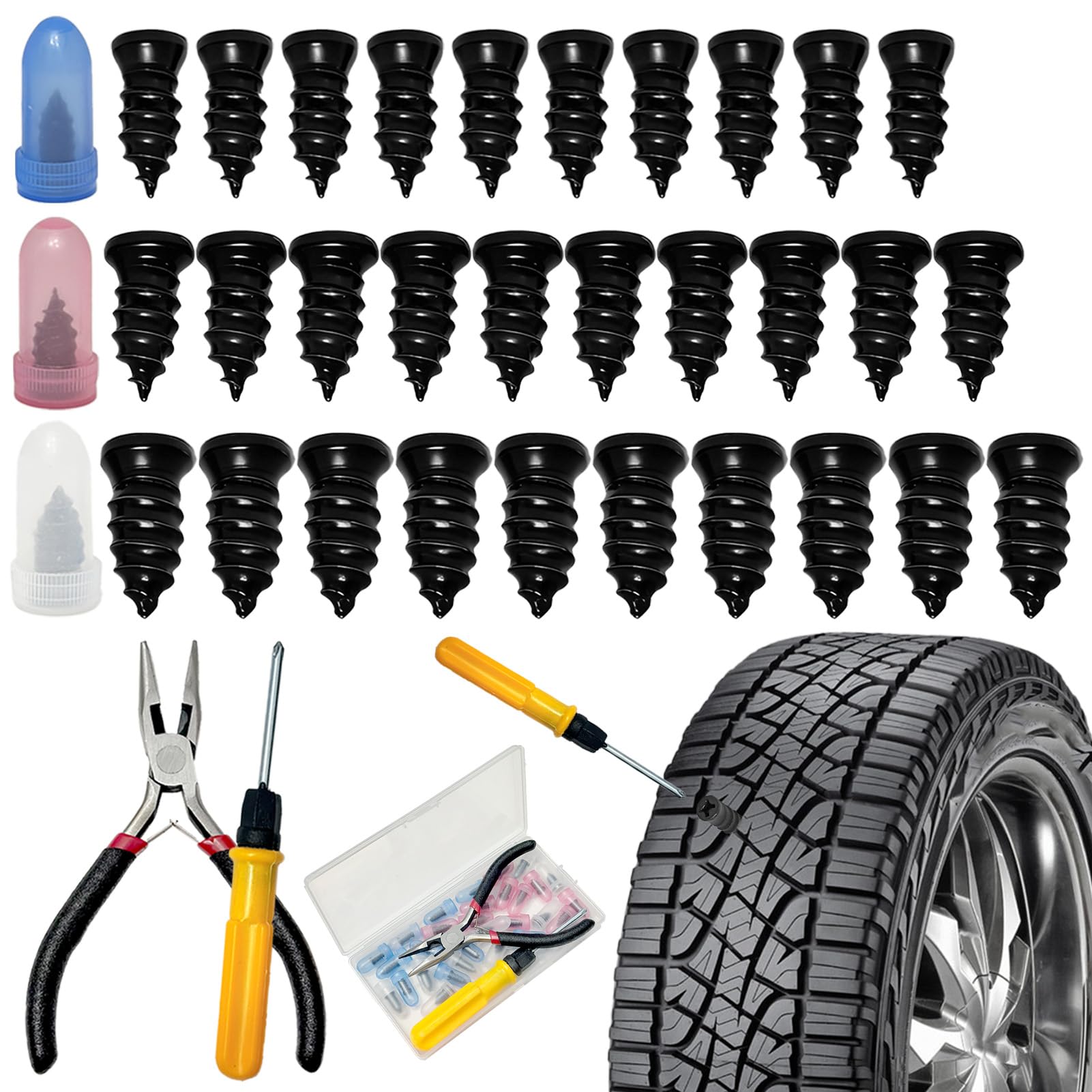 30Pcs Tyre Repair Kit Rubber Nails with Screwdriver Pliers Car Puncture Repair Kit Fast Self-Service Tire Repairs Screws Tires Plugs Universal for Cars SUVs Trucks Motorcycles Bicycles(10S +10M +10L)