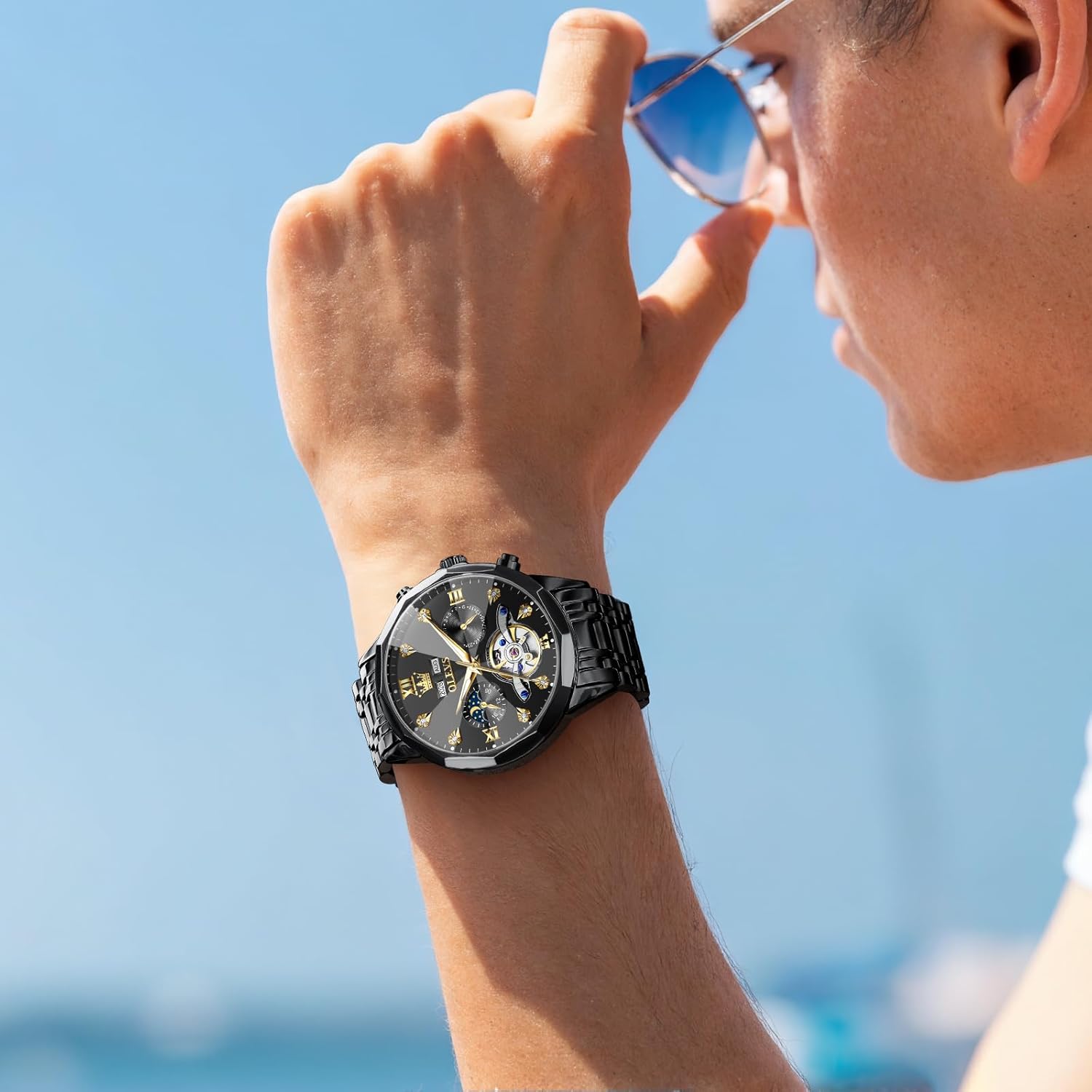 OLEVS Men Automatic Watch Diamond Skeleton Mechanical Luxury Self Winding Moon Phase Calendar Waterproof Wrist Watch for Men - Image 4